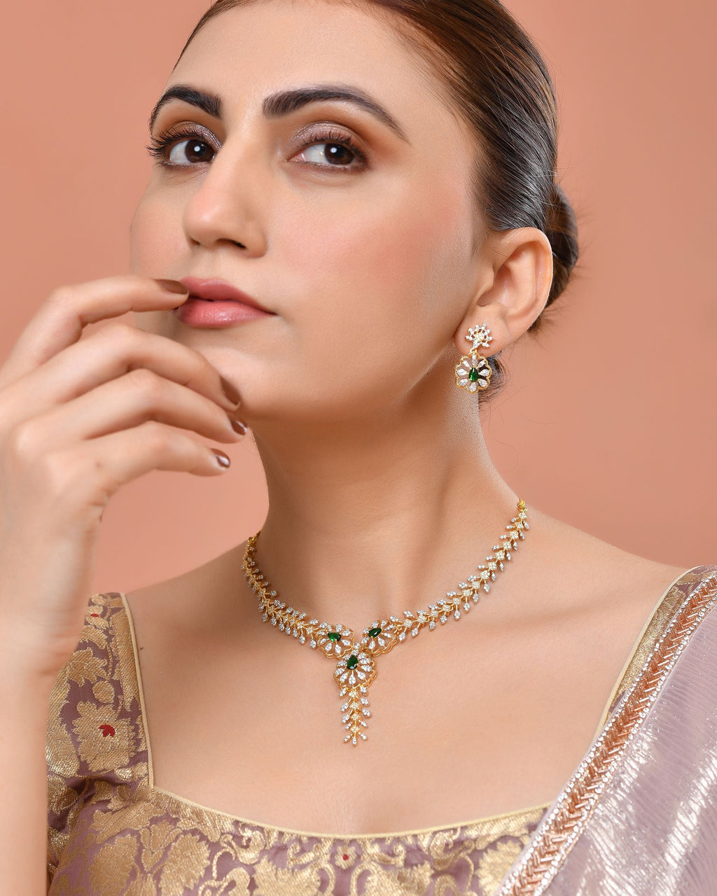 VOJ Gold Plated Lead Designed With Green Stone Ad Jewellery Set | Grocsy