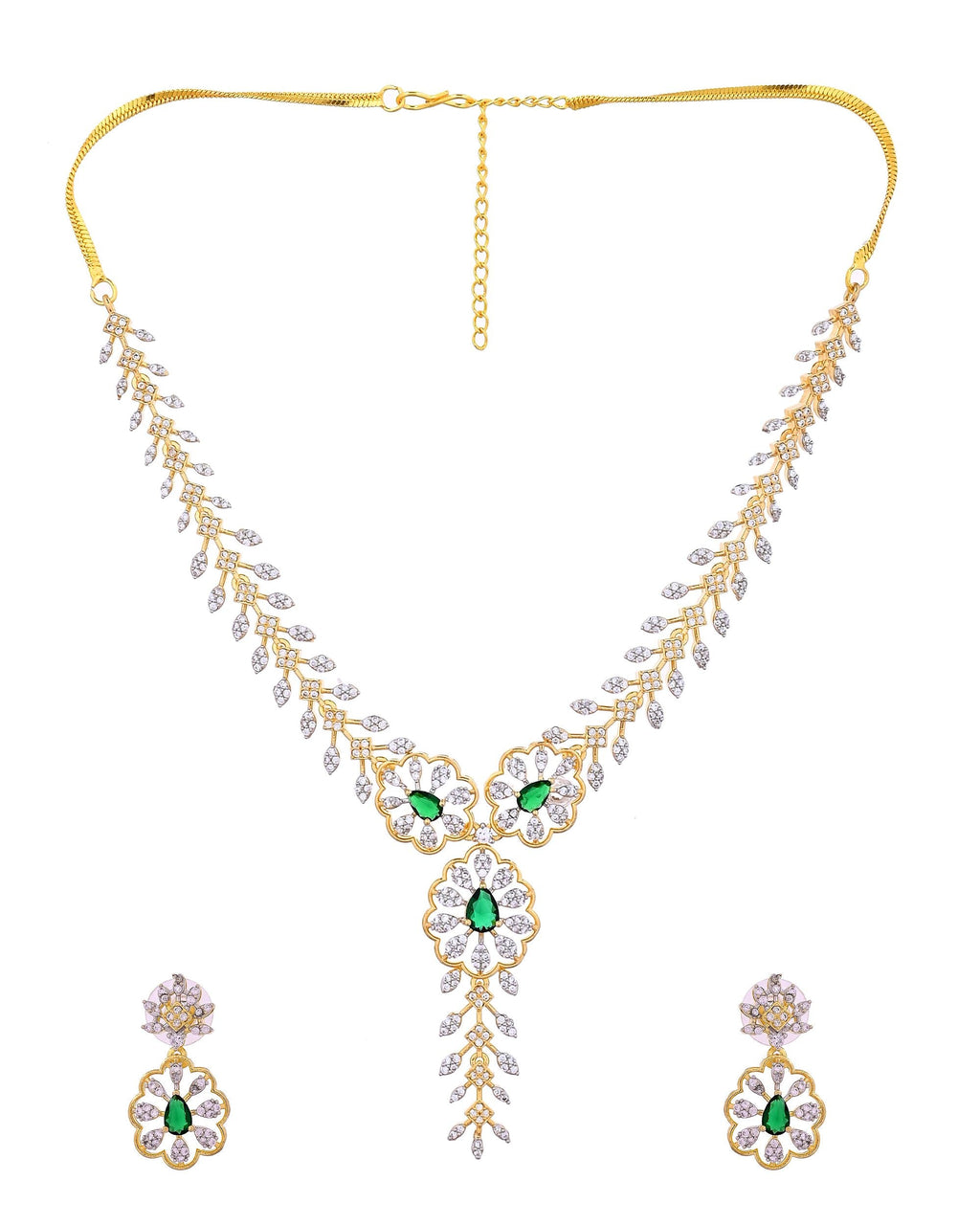 VOJ Gold Plated Lead Designed With Green Stone Ad Jewellery Set | Grocsy
