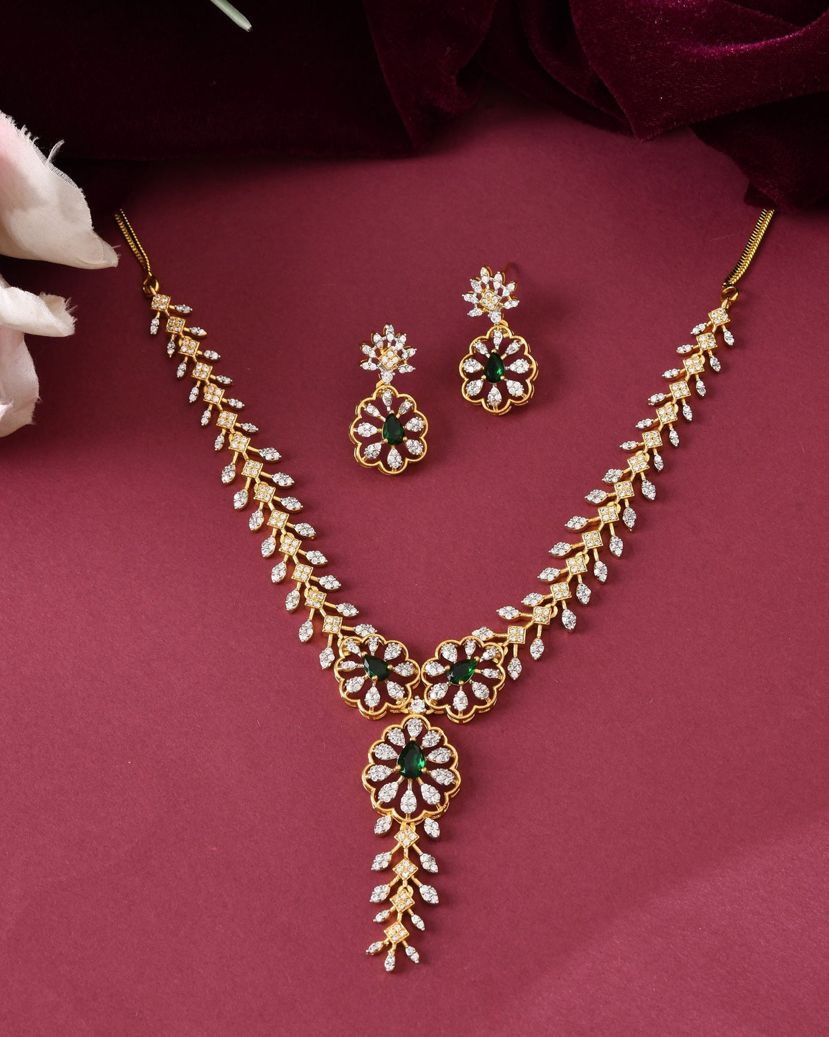 VOJ Gold Plated Lead Designed With Green Stone Ad Jewellery Set | Grocsy