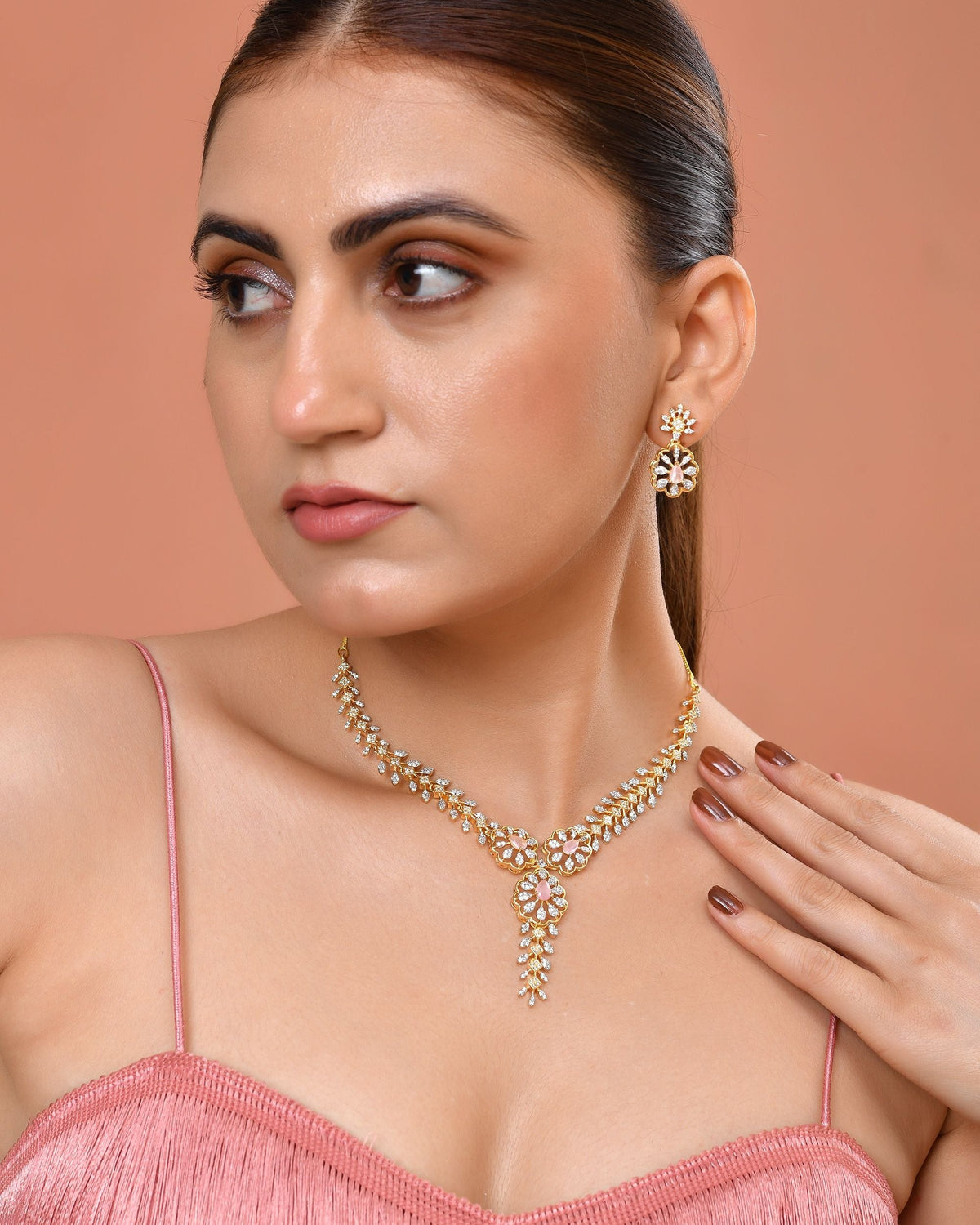VOJ Gold Plated Lead Designed With Baby Pink Stone Ad Jewellery Set | Grocsy