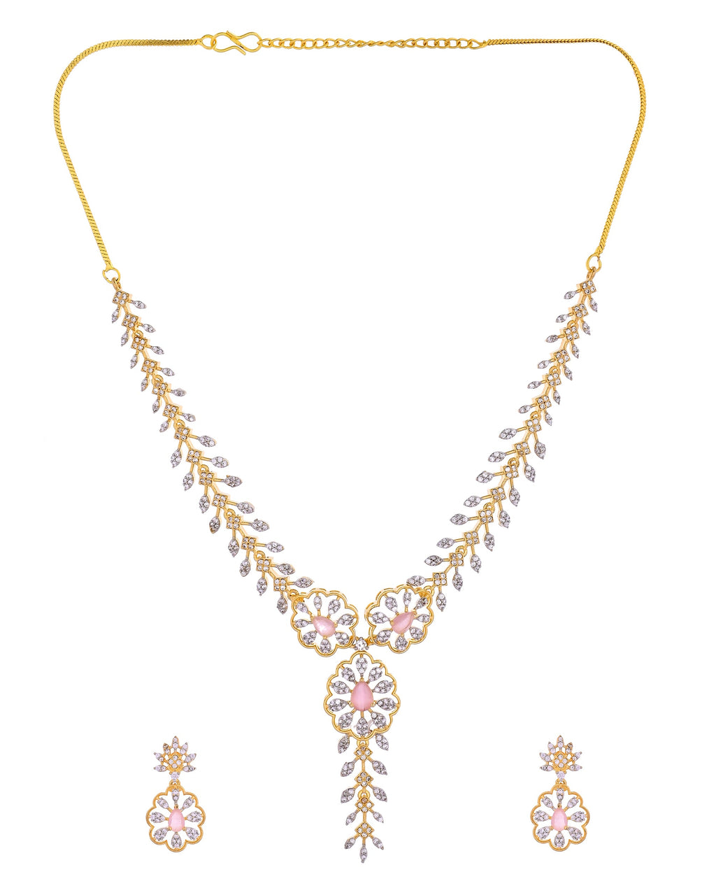 VOJ Gold Plated Lead Designed With Baby Pink Stone Ad Jewellery Set | Grocsy