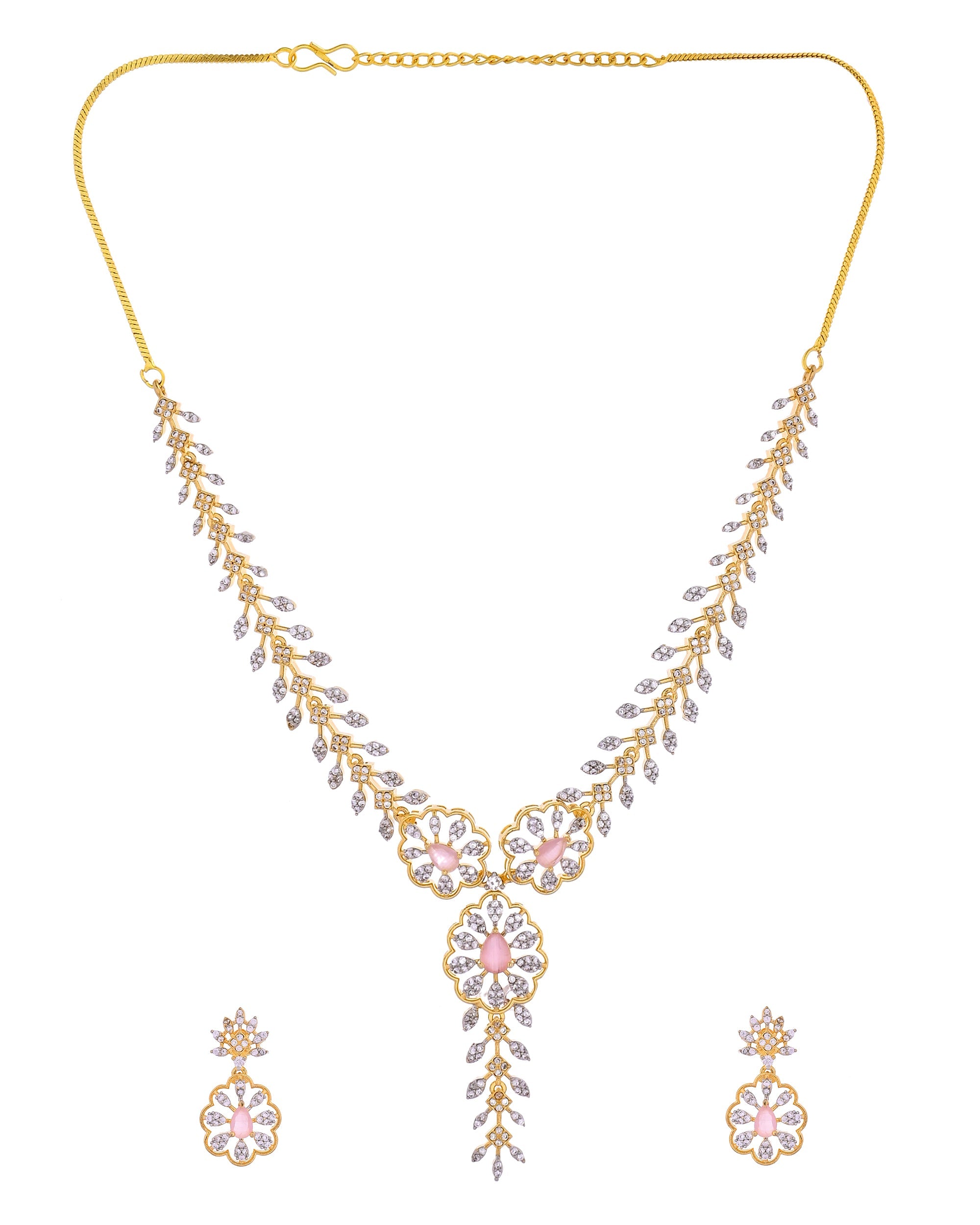 VOJ Gold Plated Lead Designed With Baby Pink Stone Ad Jewellery Set | Grocsy