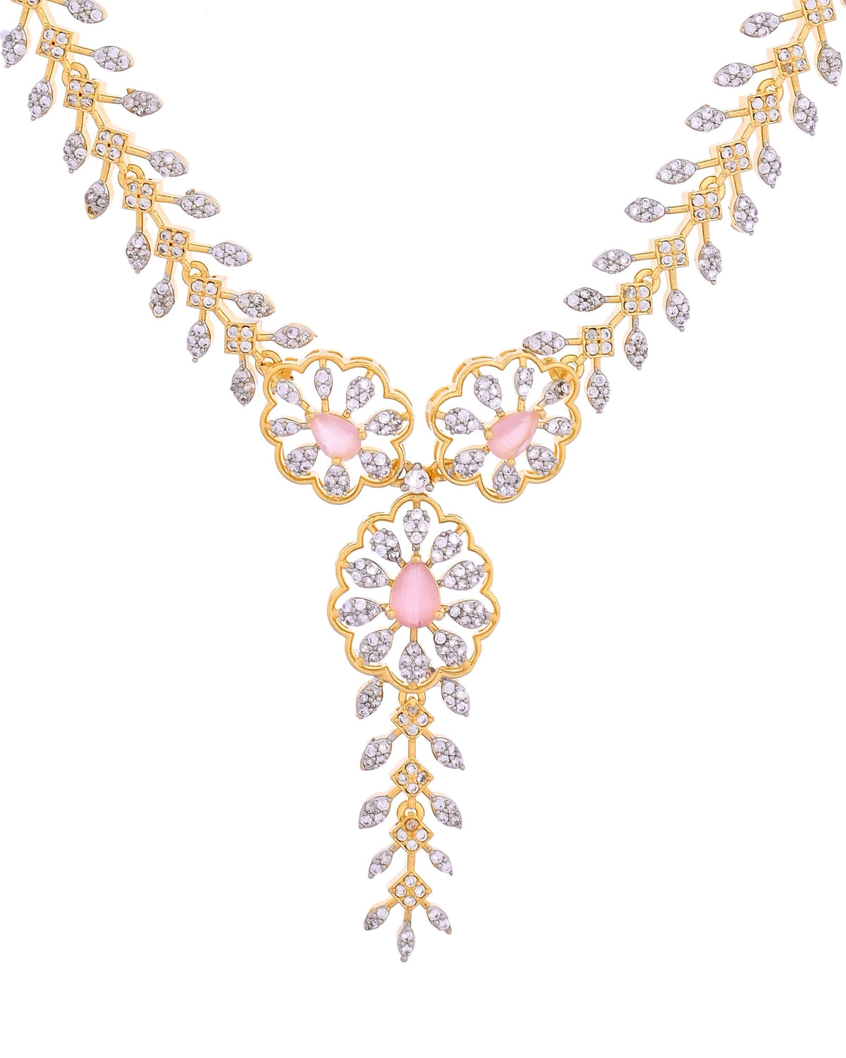 VOJ Gold Plated Lead Designed With Baby Pink Stone Ad Jewellery Set | Grocsy