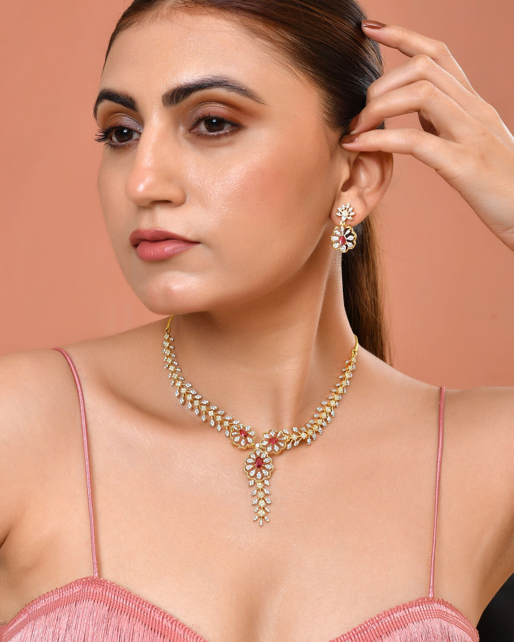 VOJ Gold Plated Lead Designed With Ruby Red Stone Ad Jewellery Set | Grocsy