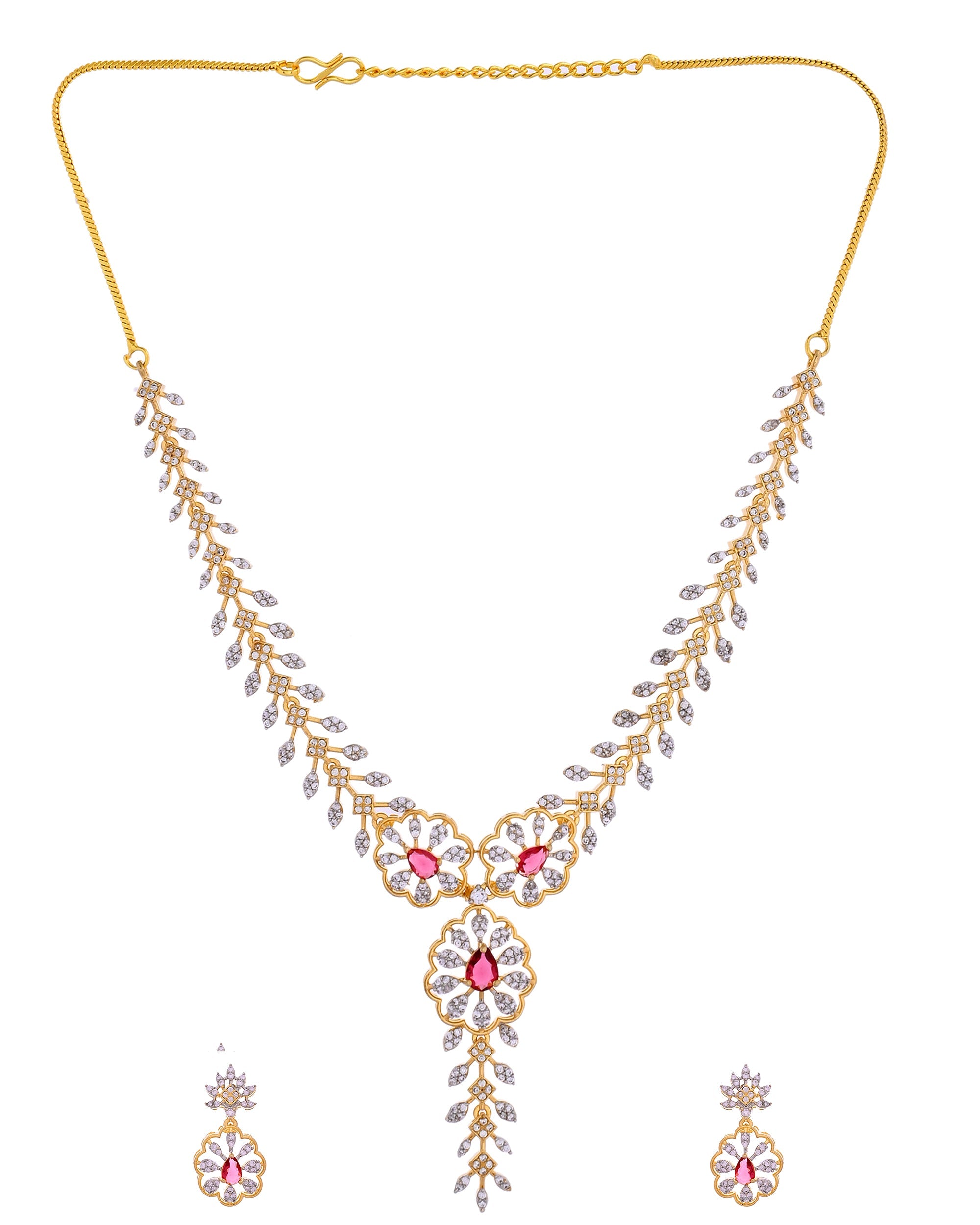 VOJ Gold Plated Lead Designed With Ruby Red Stone Ad Jewellery Set | Grocsy