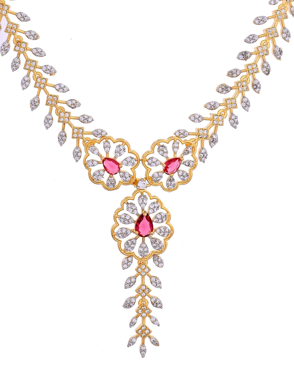 VOJ Gold Plated Lead Designed With Ruby Red Stone Ad Jewellery Set | Grocsy