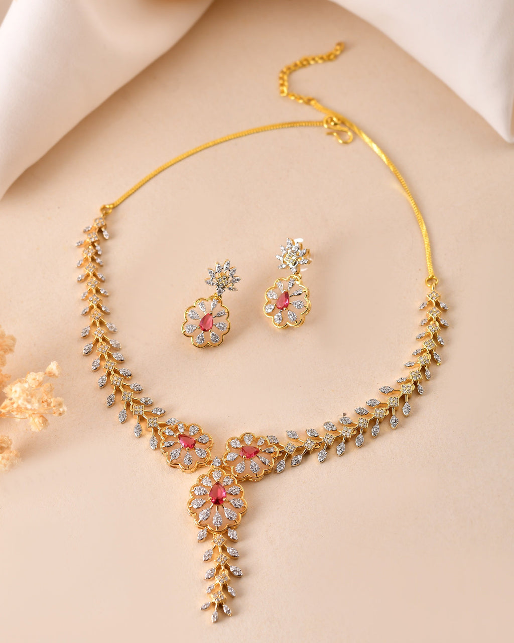 VOJ Gold Plated Lead Designed With Ruby Red Stone Ad Jewellery Set | Grocsy