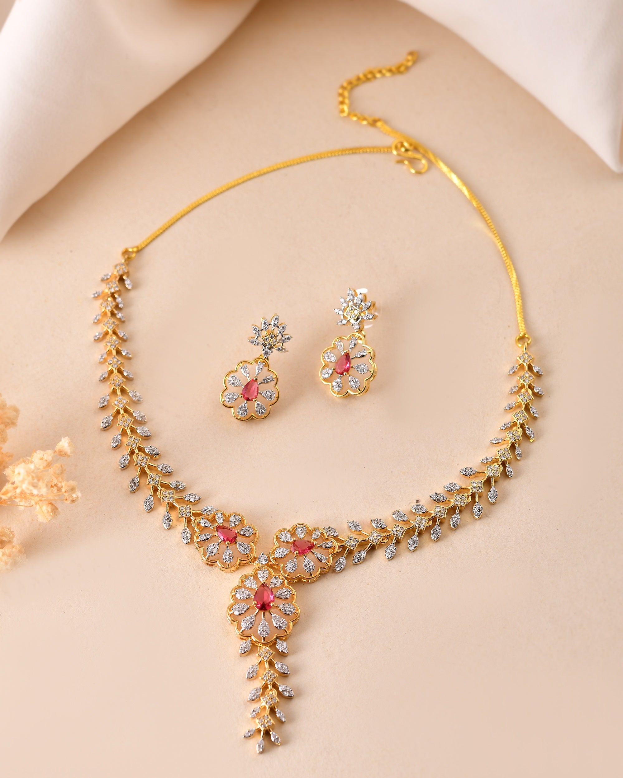 VOJ Gold Plated Lead Designed With Ruby Red Stone Ad Jewellery Set | Grocsy