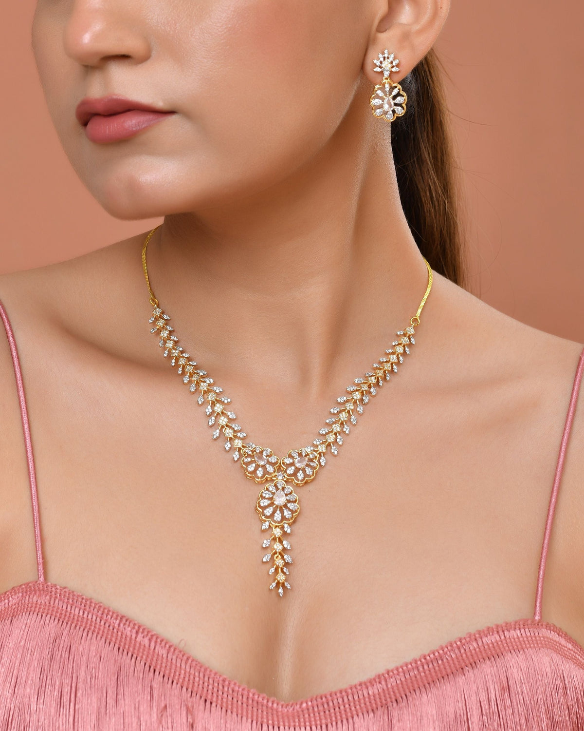 VOJ Gold Plated Lead Designed With White Stone Ad Jewellery Set | Grocsy