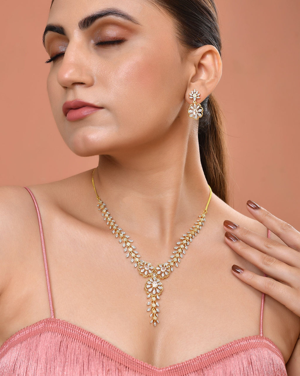 VOJ Gold Plated Lead Designed With White Stone Ad Jewellery Set | Grocsy