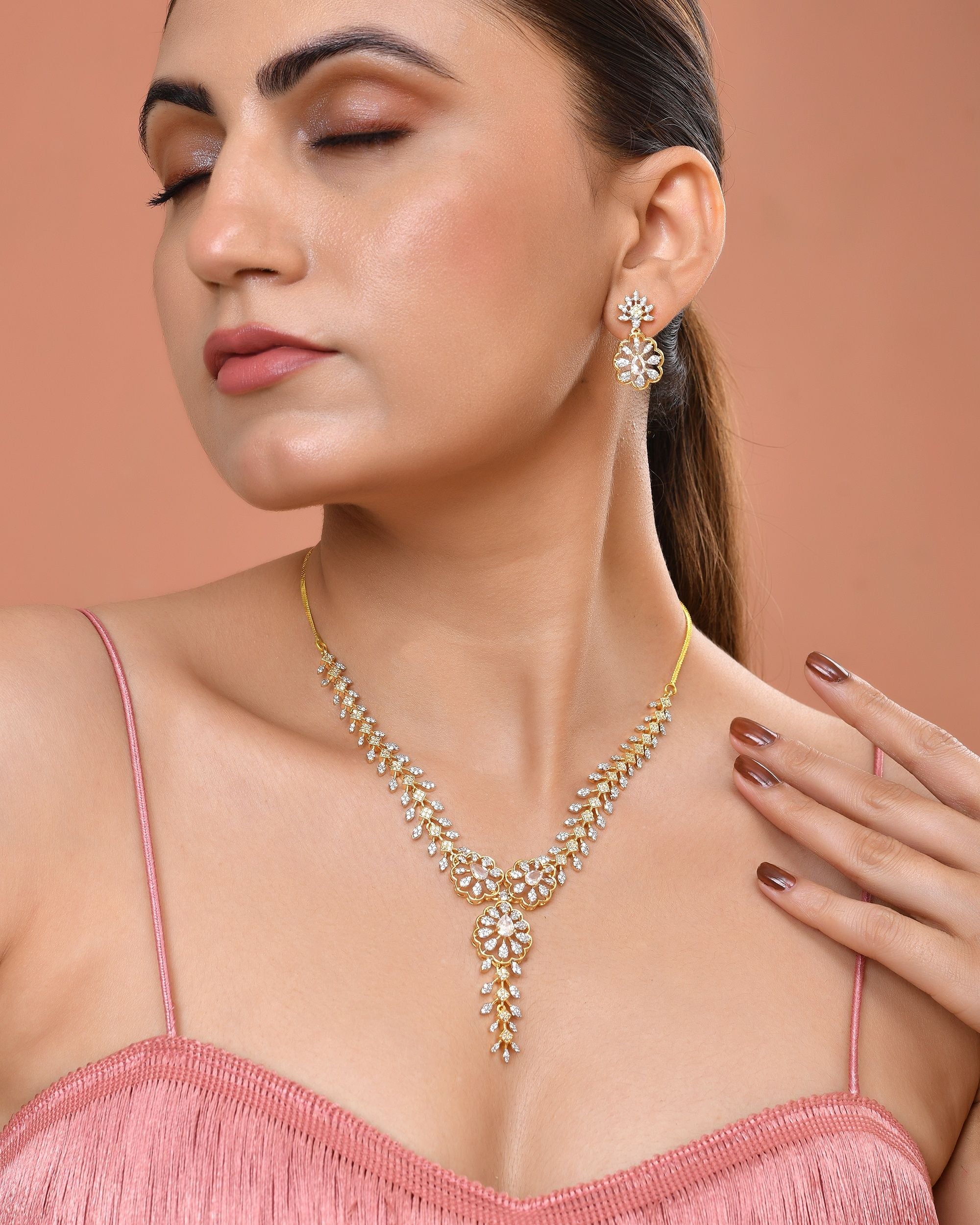 VOJ Gold Plated Lead Designed With White Stone Ad Jewellery Set | Grocsy