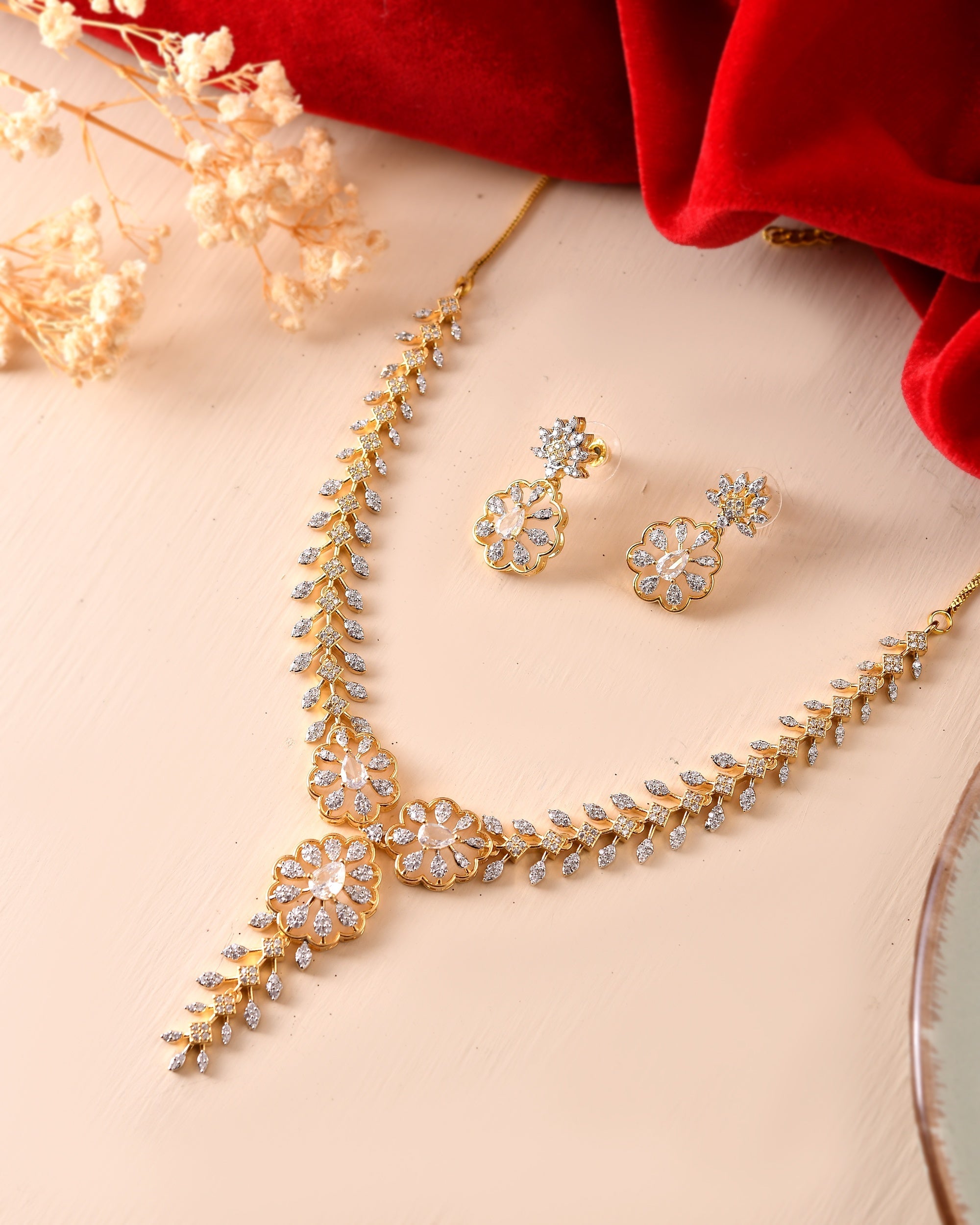 VOJ Gold Plated Lead Designed With White Stone Ad Jewellery Set | Grocsy