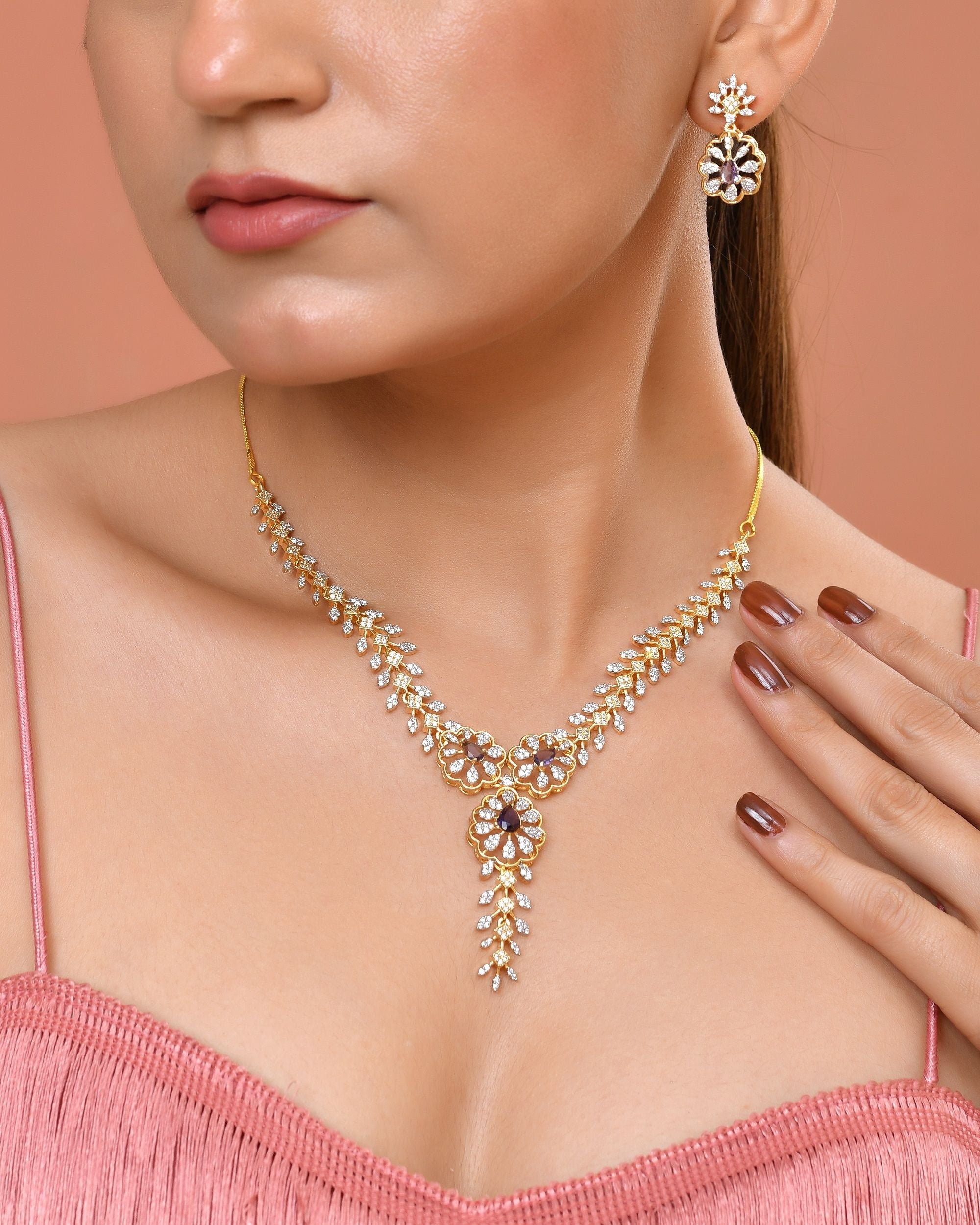 VOJ Gold Plated Lead Designed With Purple Stone Ad Jewellery Set | Grocsy