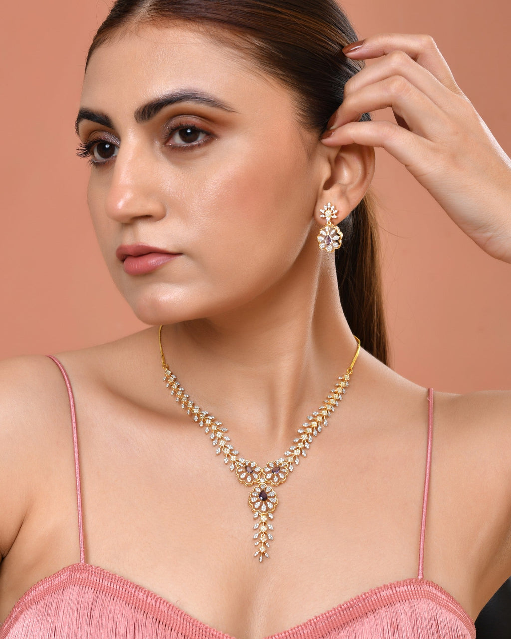 VOJ Gold Plated Lead Designed With Purple Stone Ad Jewellery Set | Grocsy