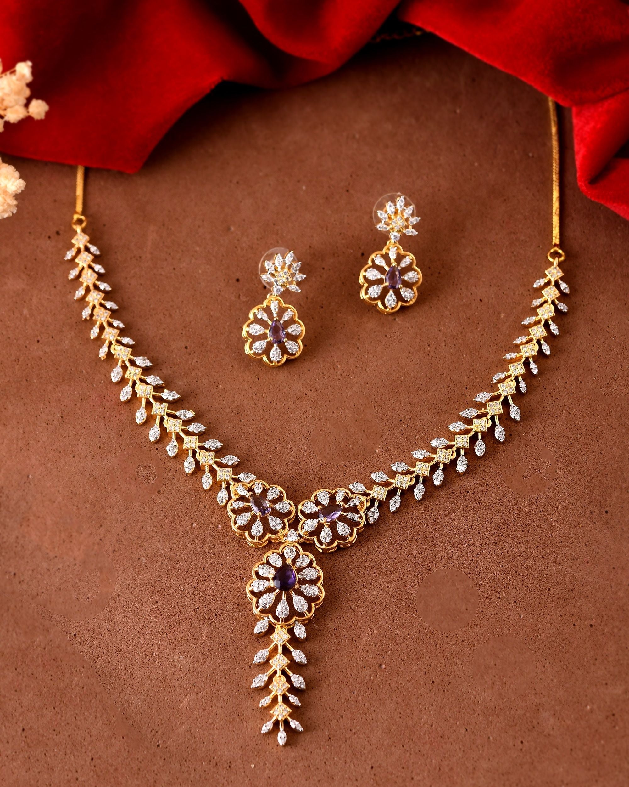 VOJ Gold Plated Lead Designed With Purple Stone Ad Jewellery Set | Grocsy
