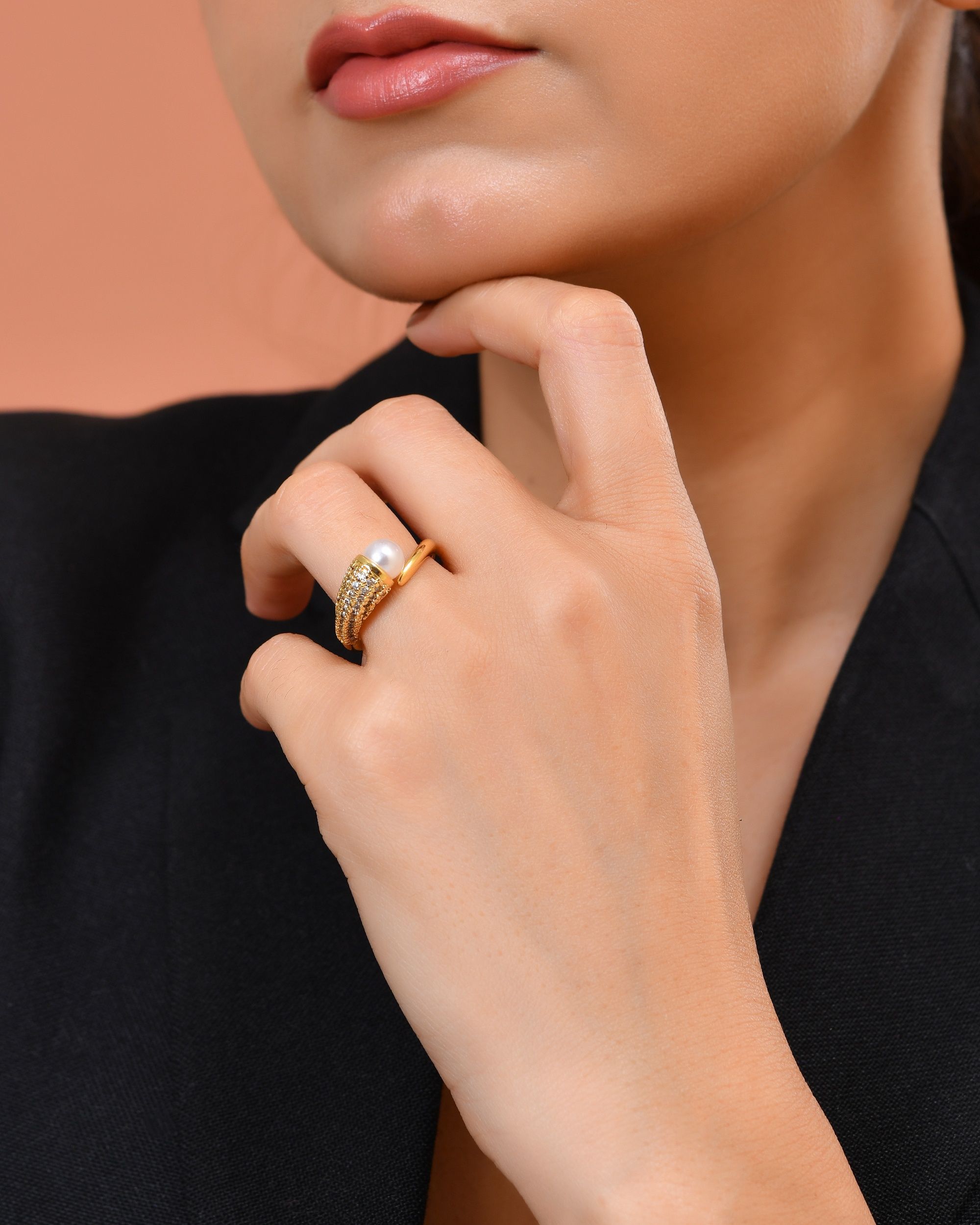 VOJ Gold Plated Anti Tarnish Pearl And Ad Stone Studded Ring For Women | Grocsy