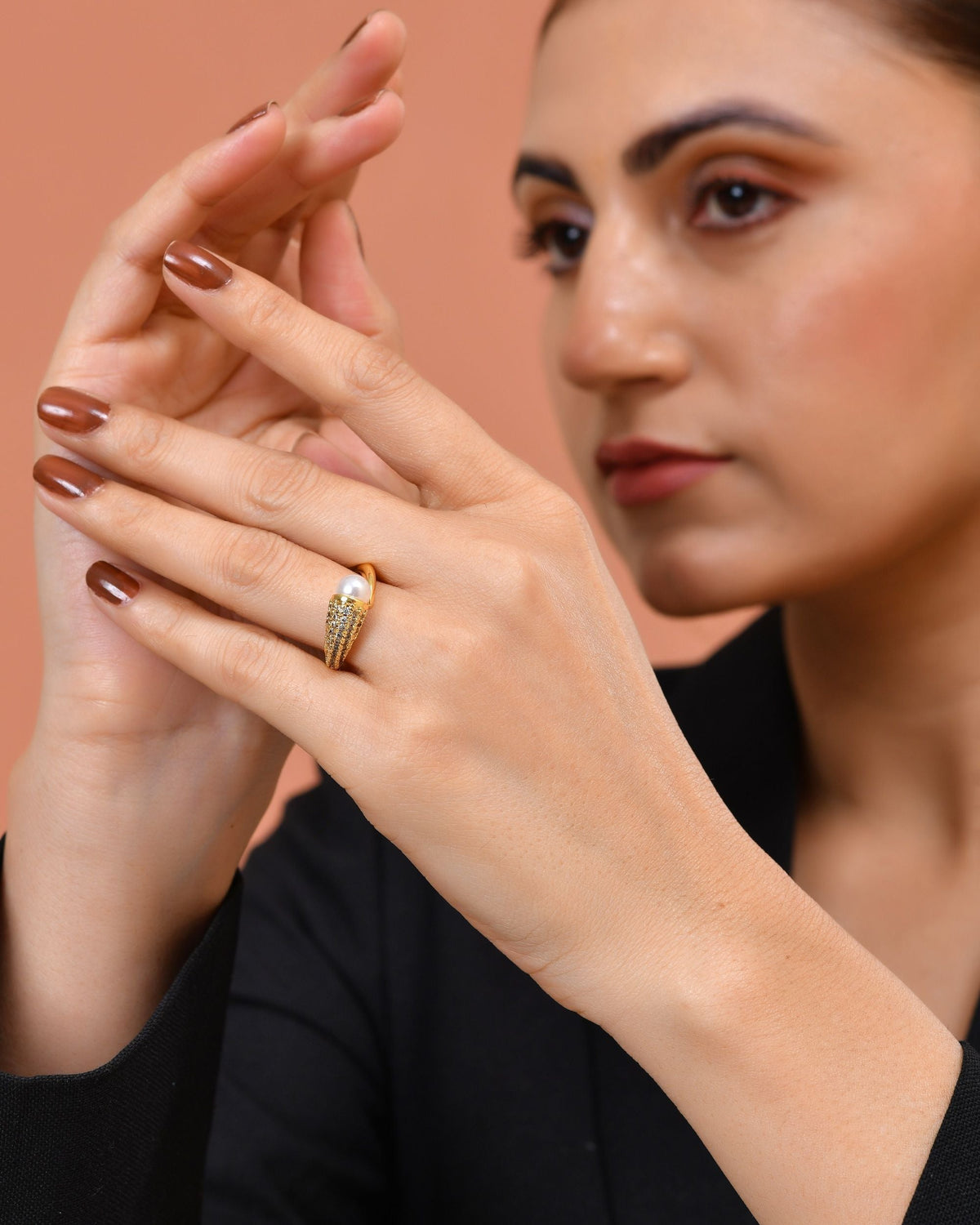 VOJ Gold Plated Anti Tarnish Pearl And Ad Stone Studded Ring For Women | Grocsy