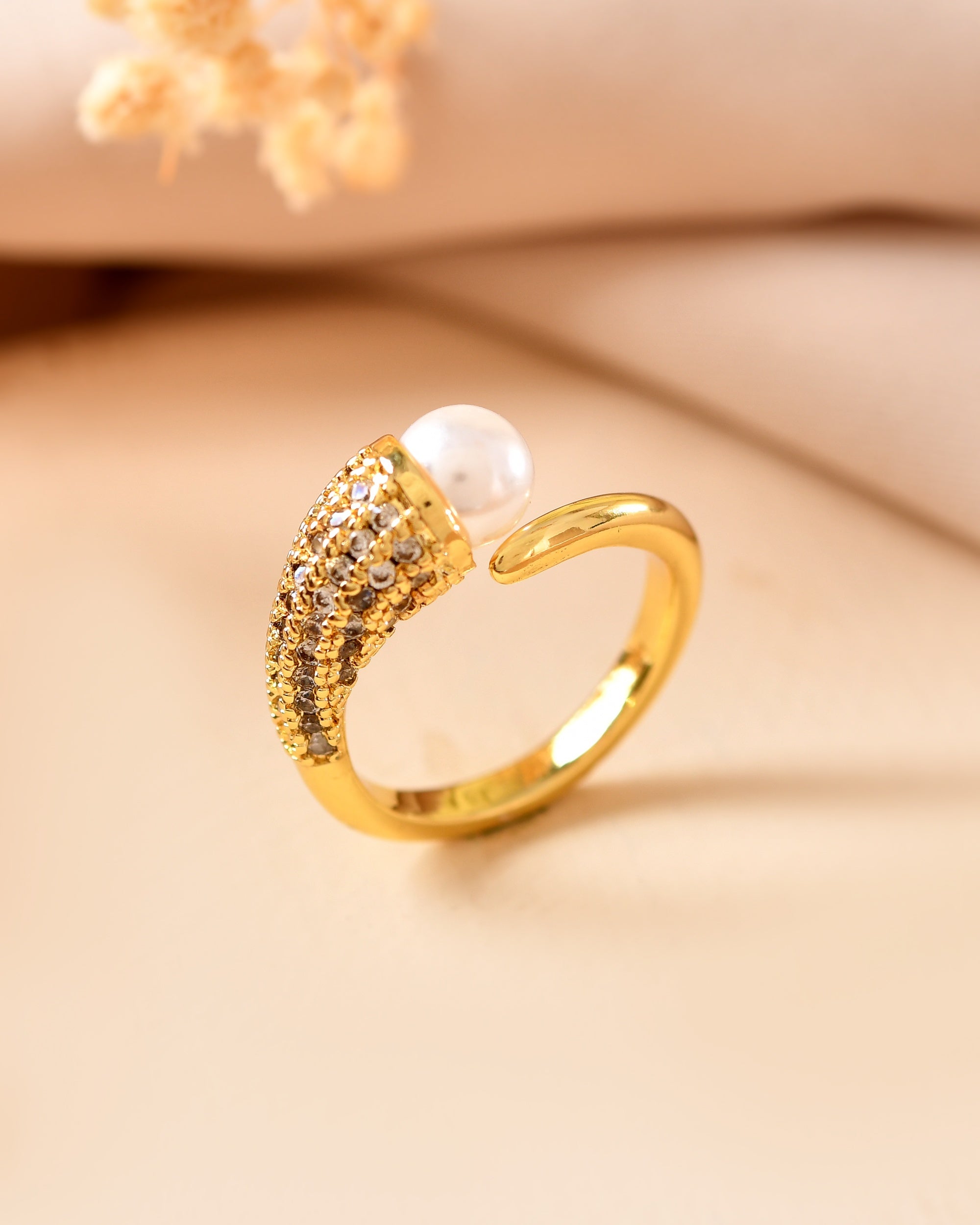 VOJ Gold Plated Anti Tarnish Pearl And Ad Stone Studded Ring For Women | Grocsy