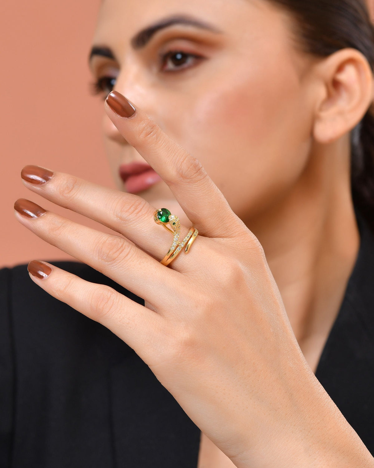 VOJ Gold Plated Snake Design Ad Ring With Green Stone | Grocsy