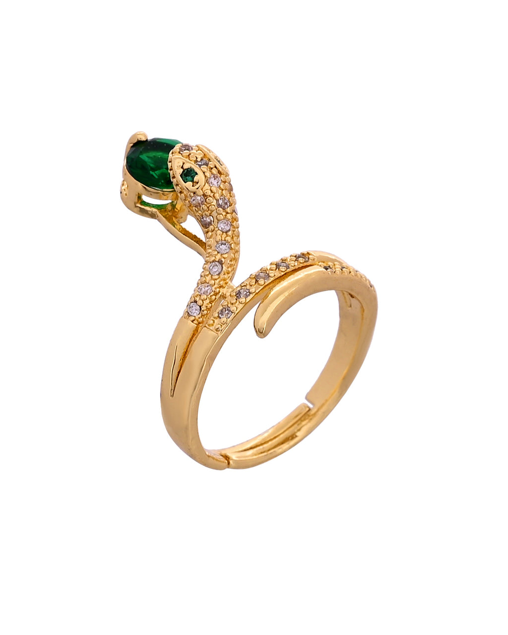VOJ Gold Plated Snake Design Ad Ring With Green Stone | Grocsy
