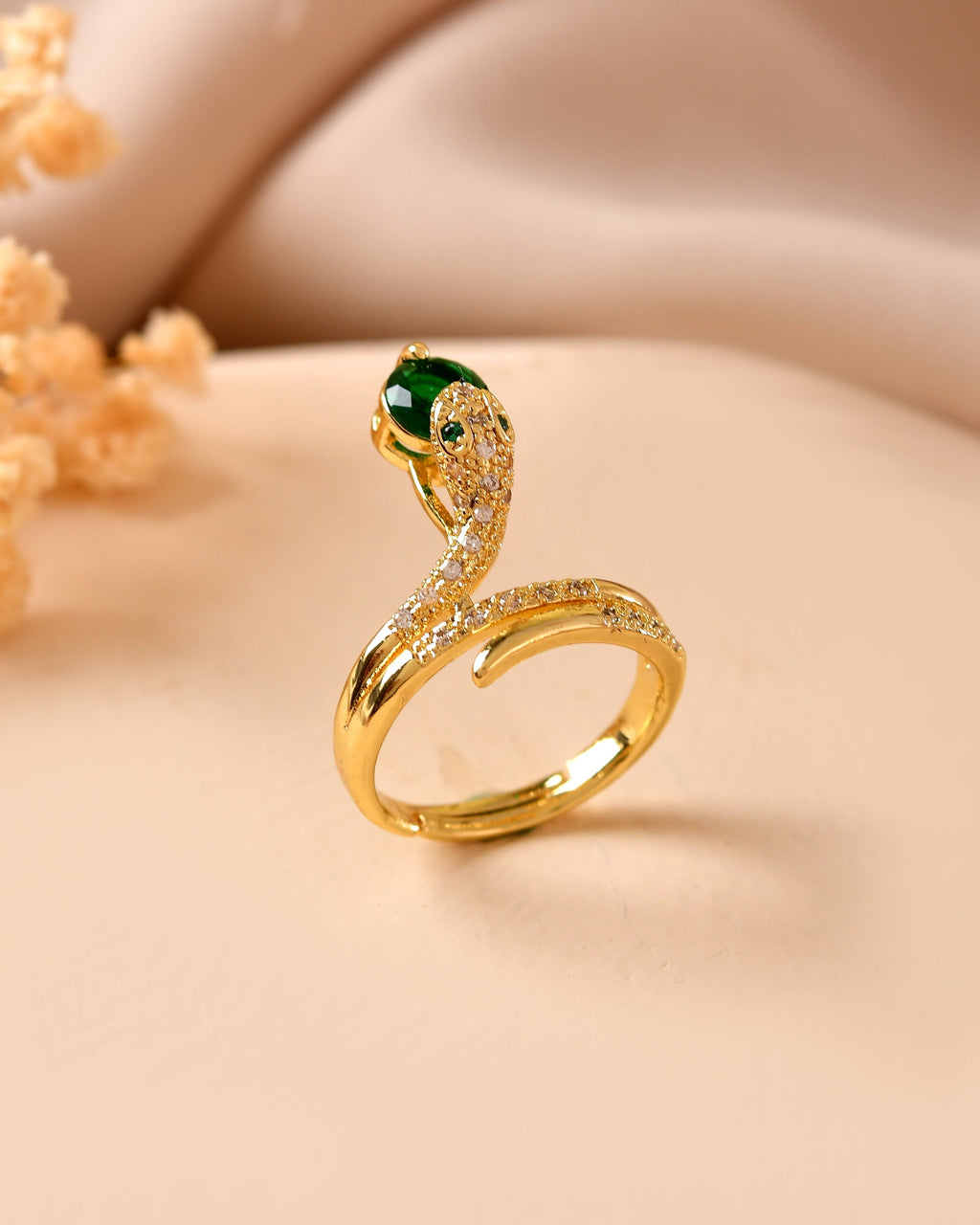VOJ Gold Plated Snake Design Ad Ring With Green Stone | Grocsy