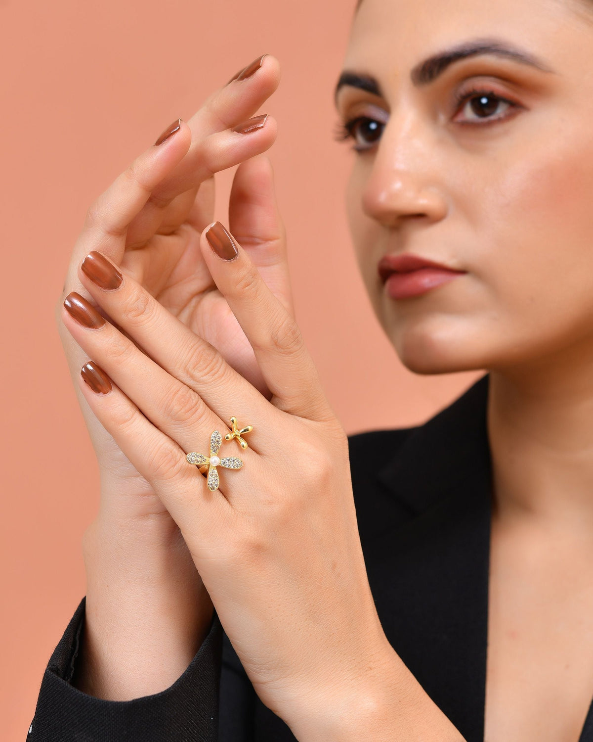 VOJ Gold Toned Floral Designed Adjustable Ring With Ad Stones | Grocsy
