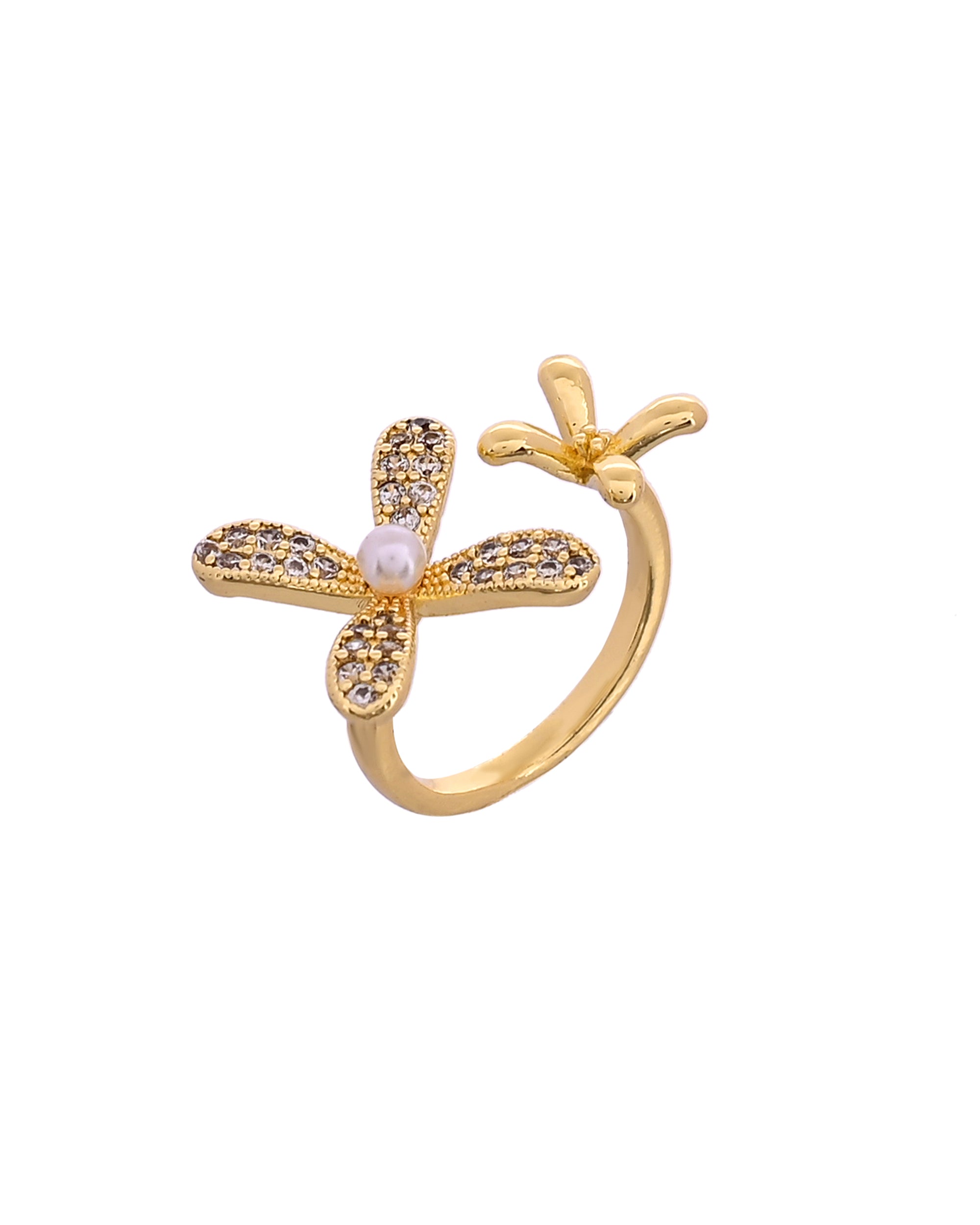 VOJ Gold Toned Floral Designed Adjustable Ring With Ad Stones | Grocsy