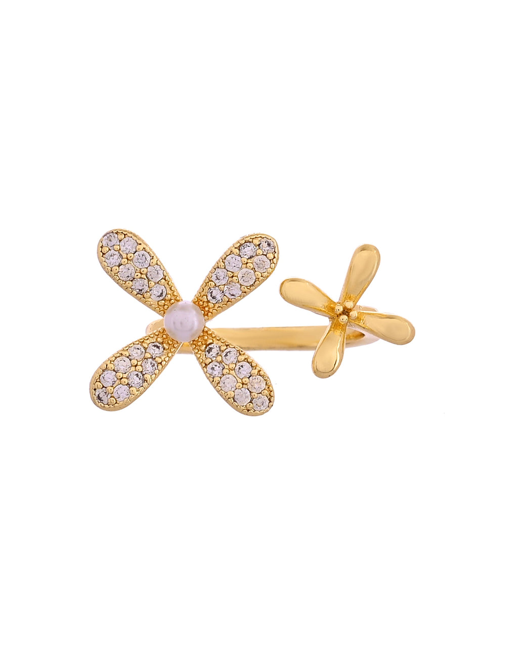 VOJ Gold Toned Floral Designed Adjustable Ring With Ad Stones | Grocsy