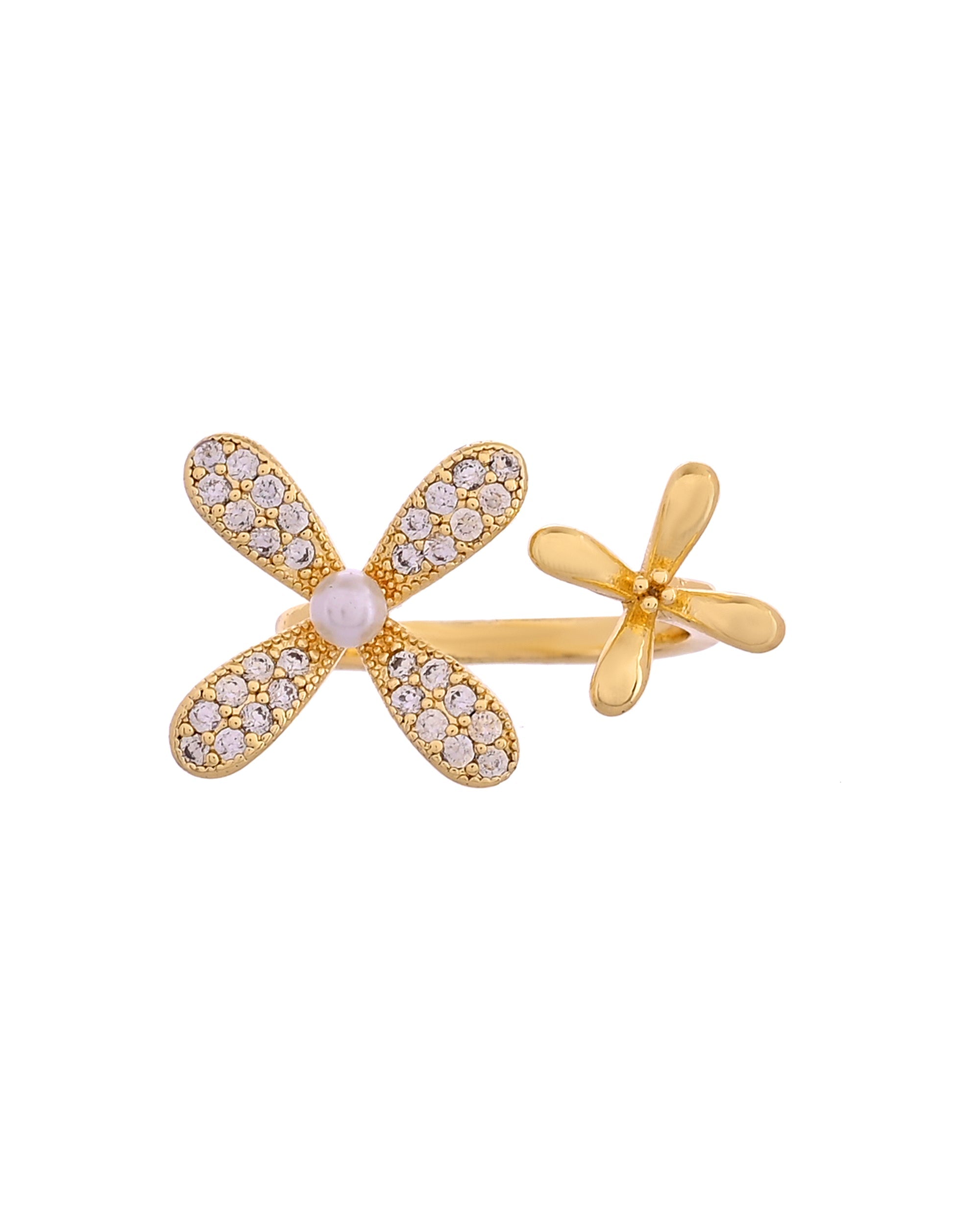 VOJ Gold Toned Floral Designed Adjustable Ring With Ad Stones | Grocsy