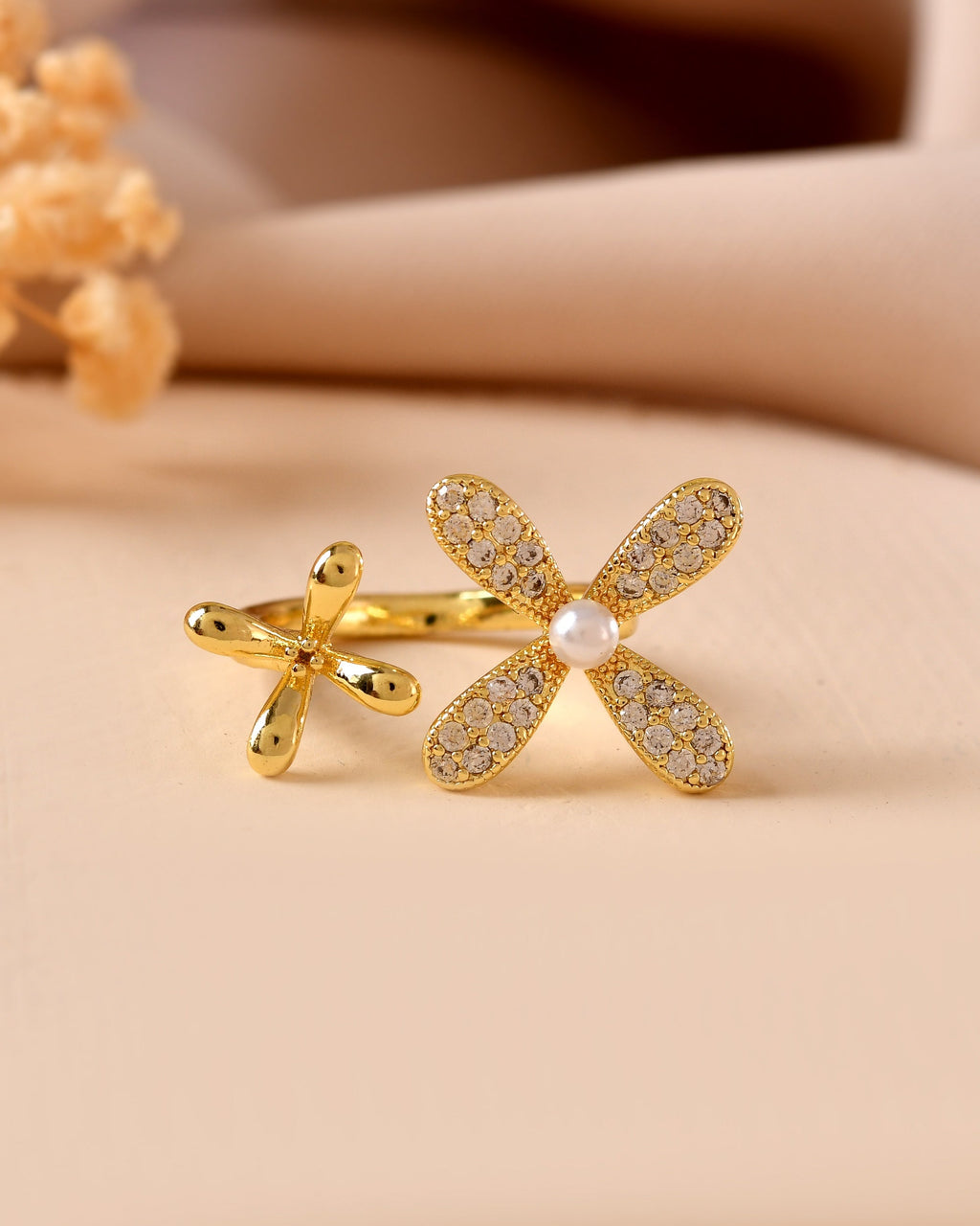 VOJ Gold Toned Floral Designed Adjustable Ring With Ad Stones | Grocsy