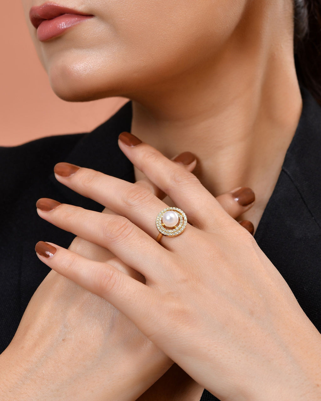 VOJ Gold Plated Pearl Studded Ring With Ad Stones | Grocsy