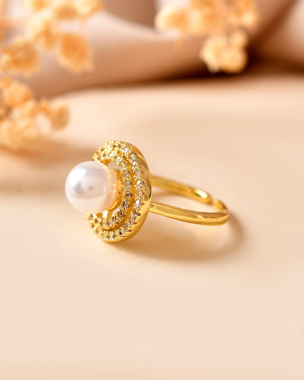 VOJ Gold Plated Pearl Studded Ring With Ad Stones | Grocsy
