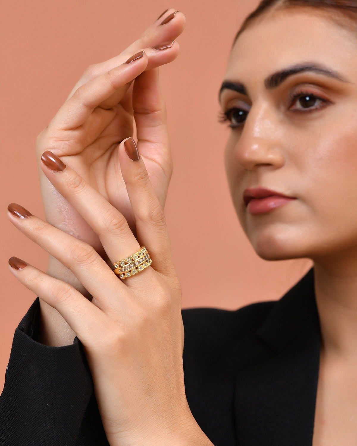 VOJ Gold Plated Ad Stone Studded Heart Designed Adjustable Ring | Grocsy