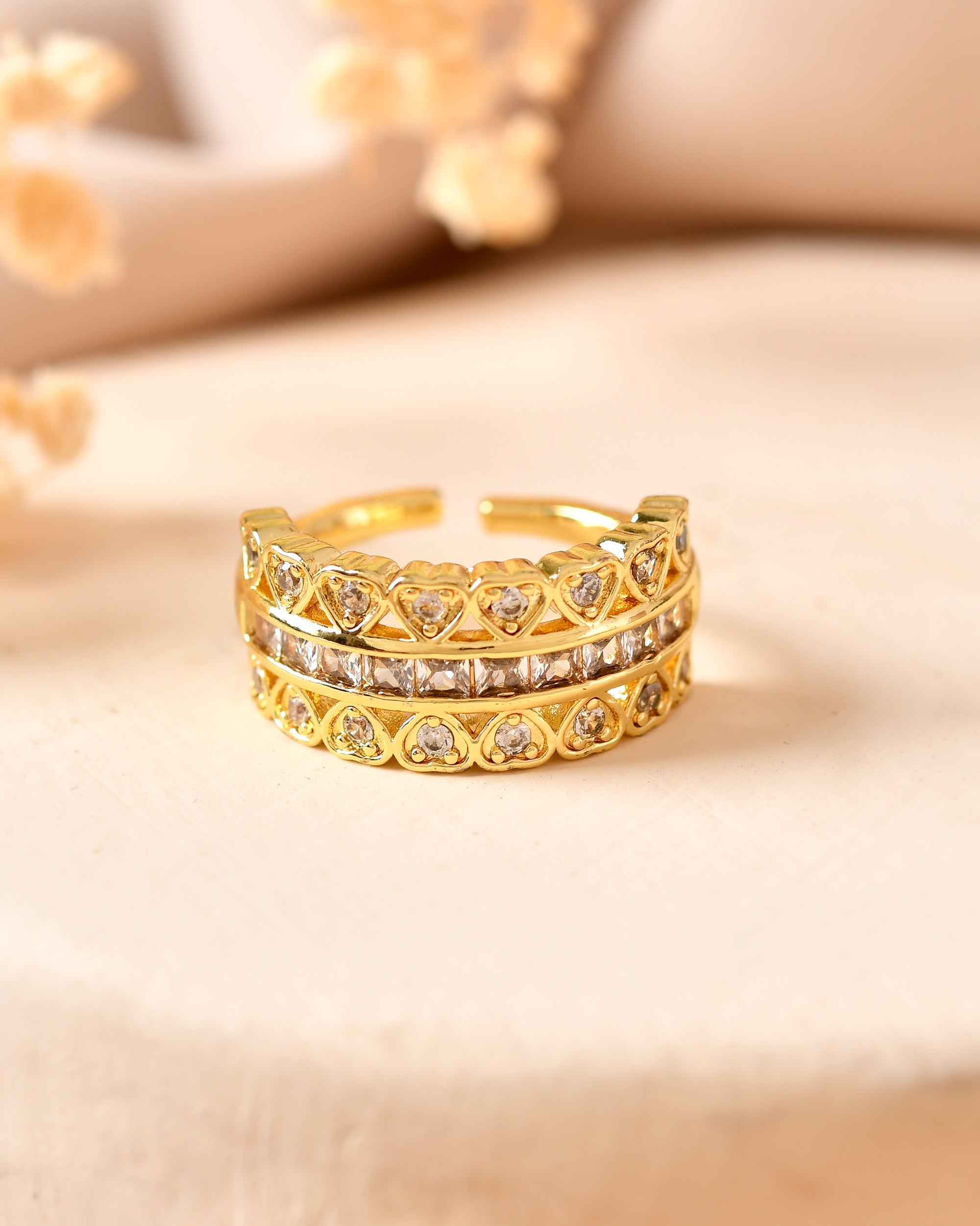 VOJ Gold Plated Ad Stone Studded Heart Designed Adjustable Ring | Grocsy