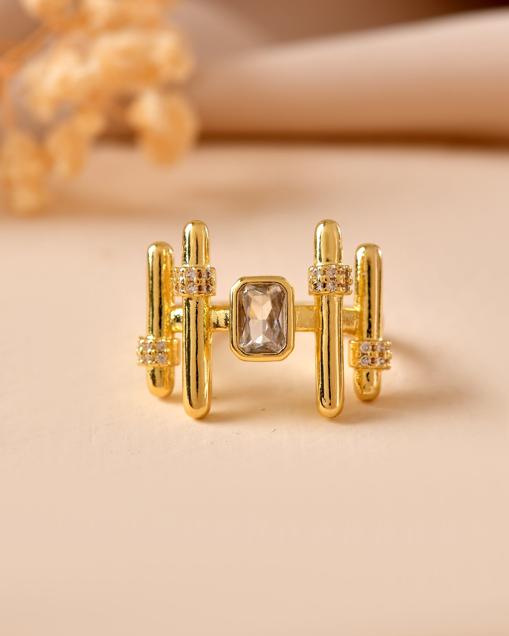 VOJ Gold Plated Stone Studded Adjustable Ring For Women | Grocsy