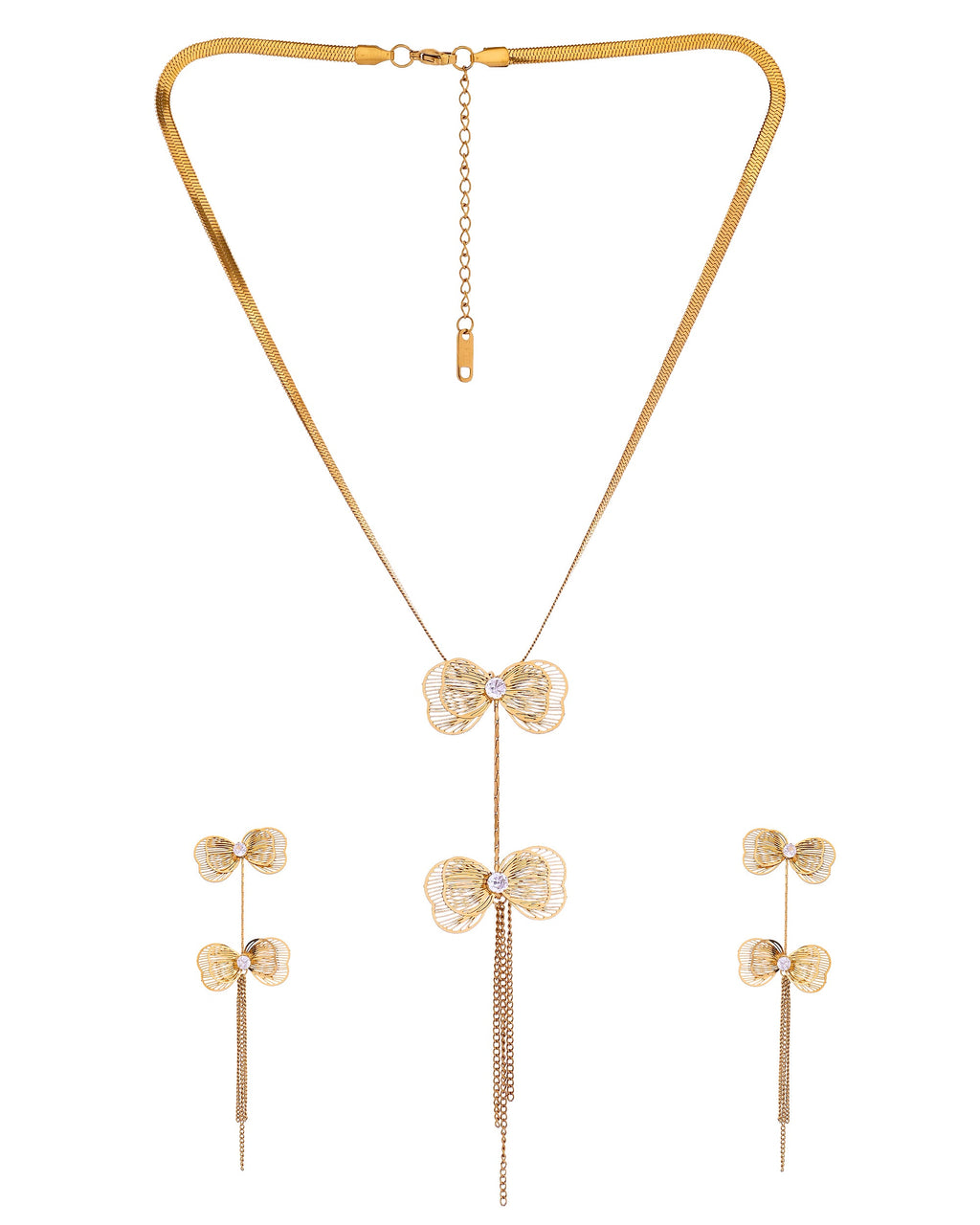 VOJ Gold-Toned Butterfly Design Pendant Necklace With Tassel Earrings Set | Grocsy