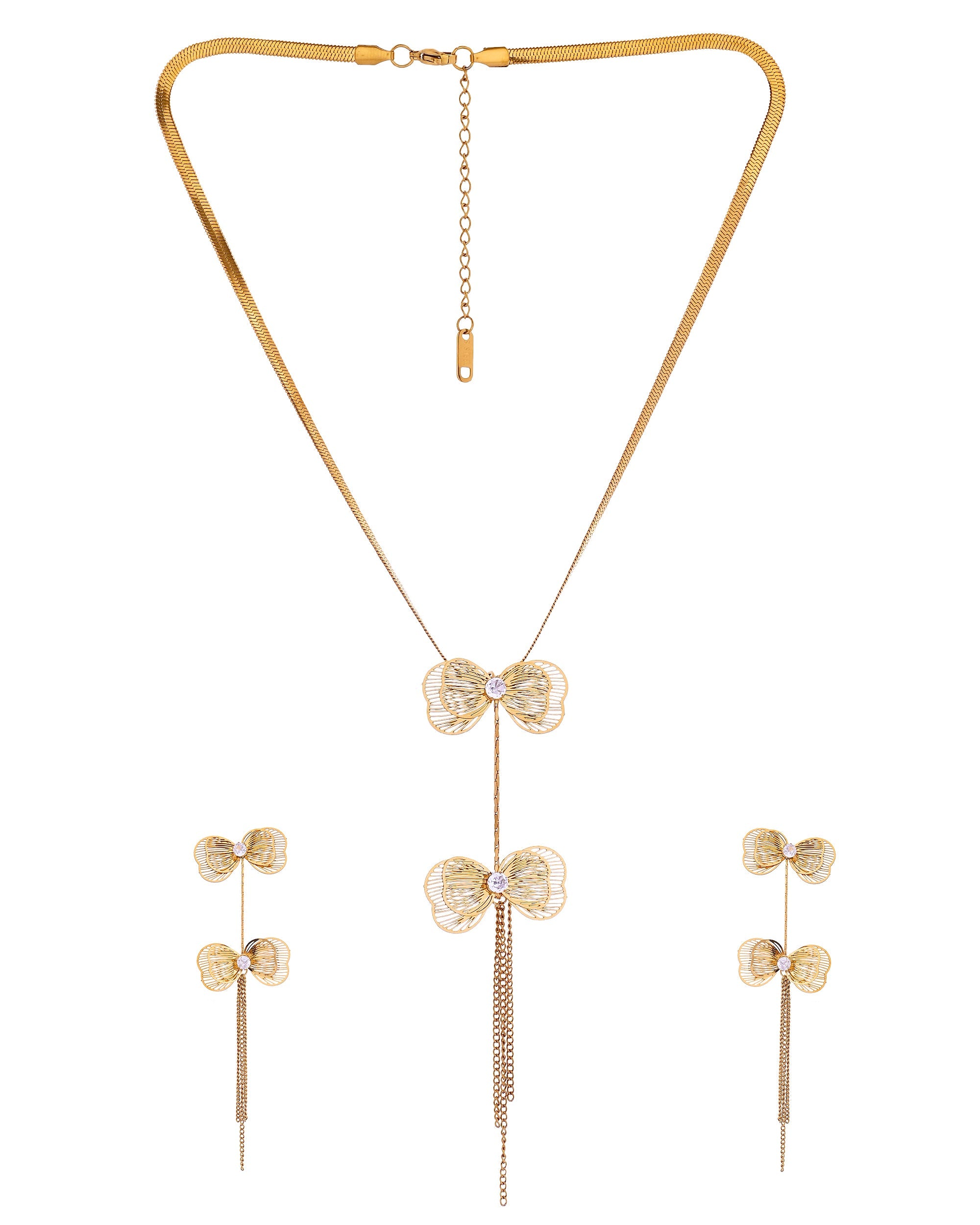 VOJ Gold-Toned Butterfly Design Pendant Necklace With Tassel Earrings Set | Grocsy