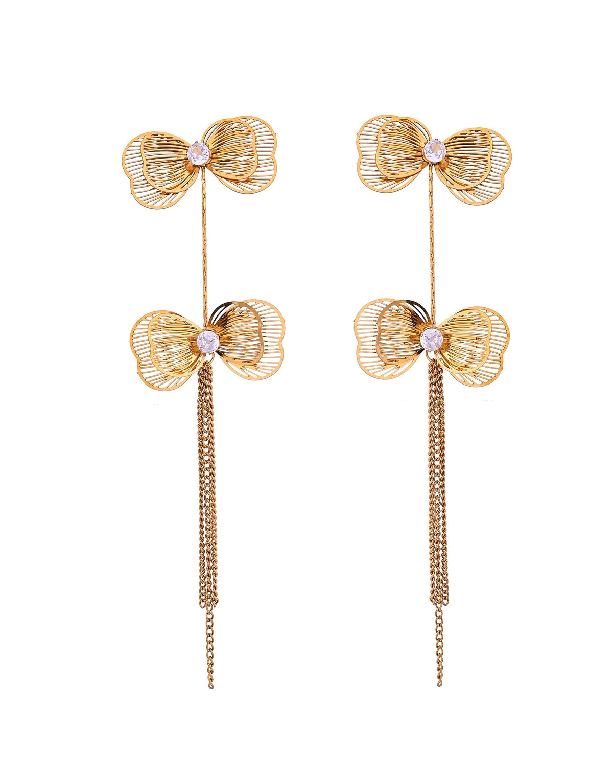 VOJ Gold-Toned Butterfly Design Pendant Necklace With Tassel Earrings Set | Grocsy
