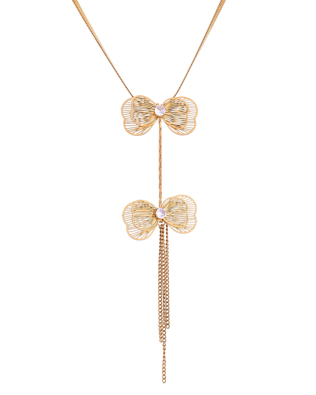 VOJ Gold-Toned Butterfly Design Pendant Necklace With Tassel Earrings Set | Grocsy