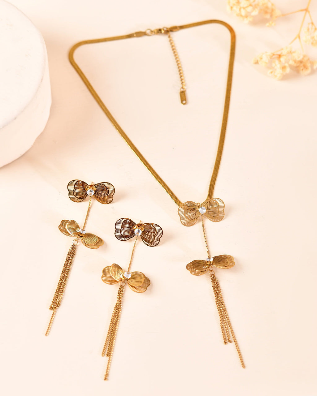 VOJ Gold-Toned Butterfly Design Pendant Necklace With Tassel Earrings Set | Grocsy