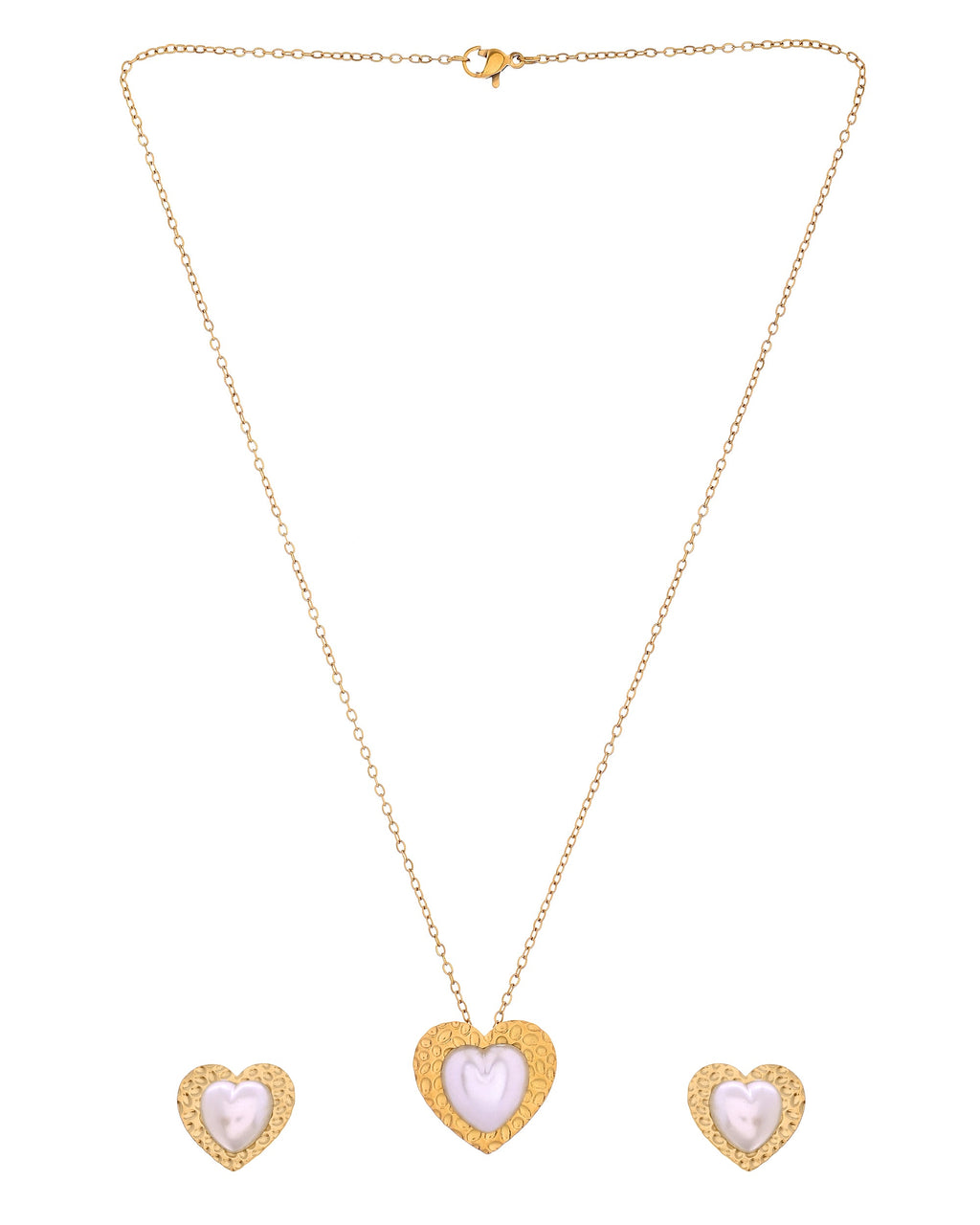 VOJ Gold Toned Pearl Studded Heart Shaped Pendant And Earrings With Chain Set | Grocsy