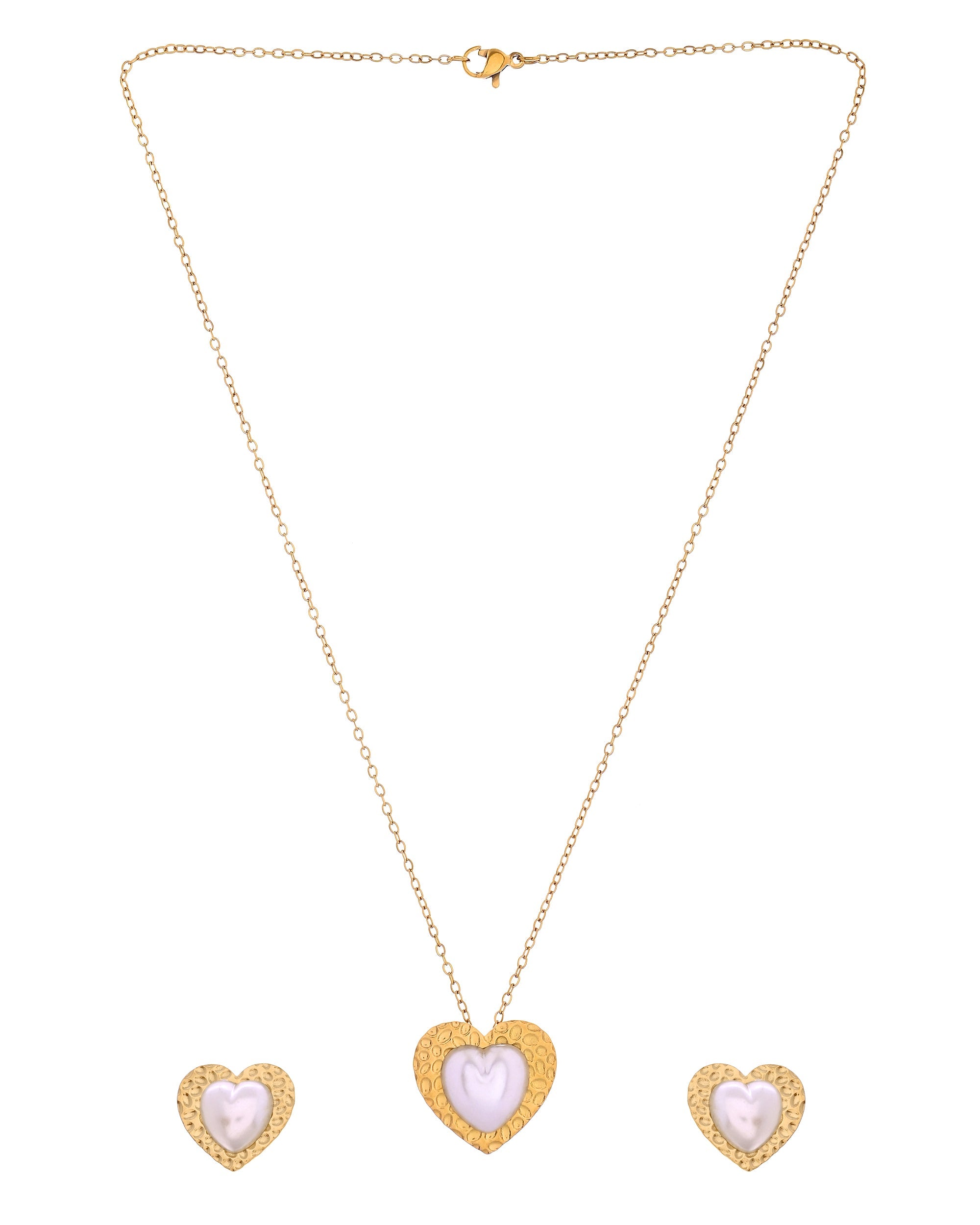 VOJ Gold Toned Pearl Studded Heart Shaped Pendant And Earrings With Chain Set | Grocsy