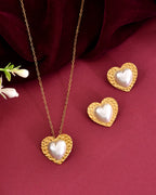 VOJ Gold Toned Pearl Studded Heart Shaped Pendant And Earrings With Chain Set | Grocsy