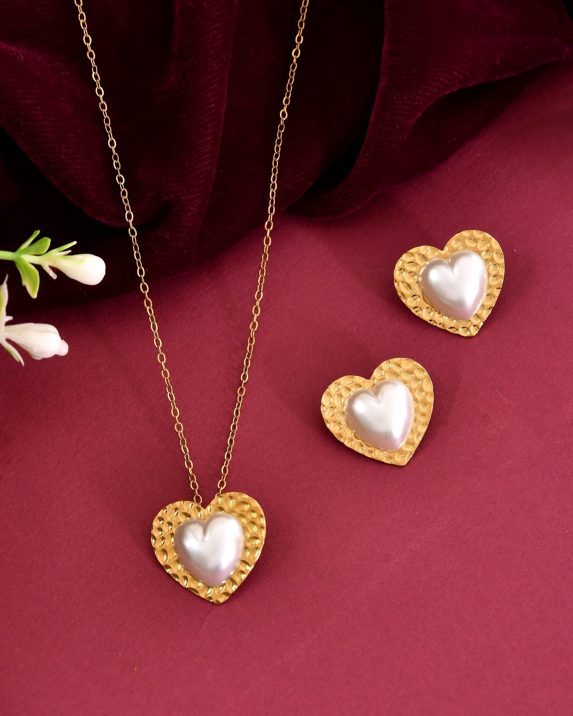 VOJ Gold Toned Pearl Studded Heart Shaped Pendant And Earrings With Chain Set | Grocsy