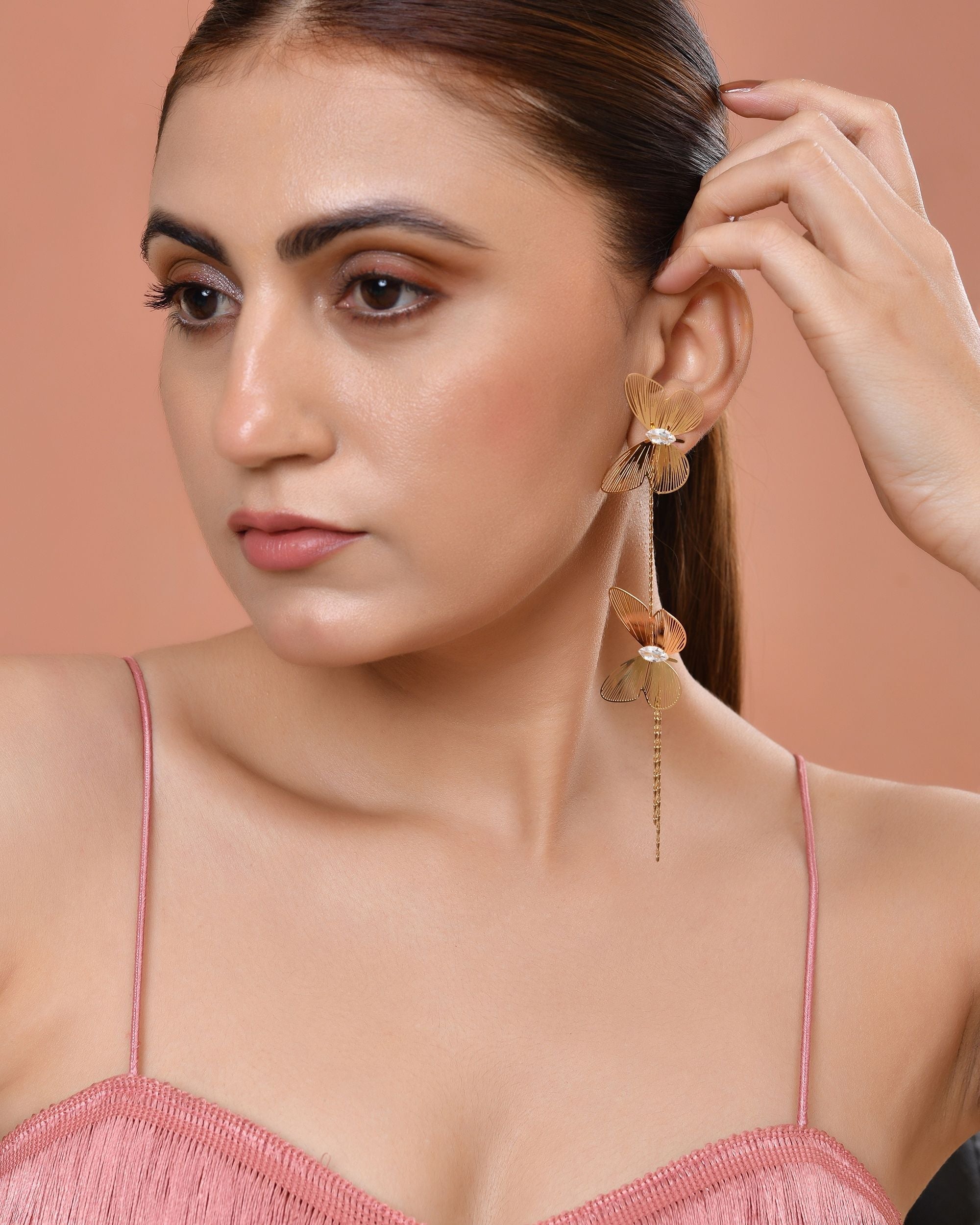 VOJ Gold Toned Butterfly Design With Tassel Studs Earrings | Grocsy
