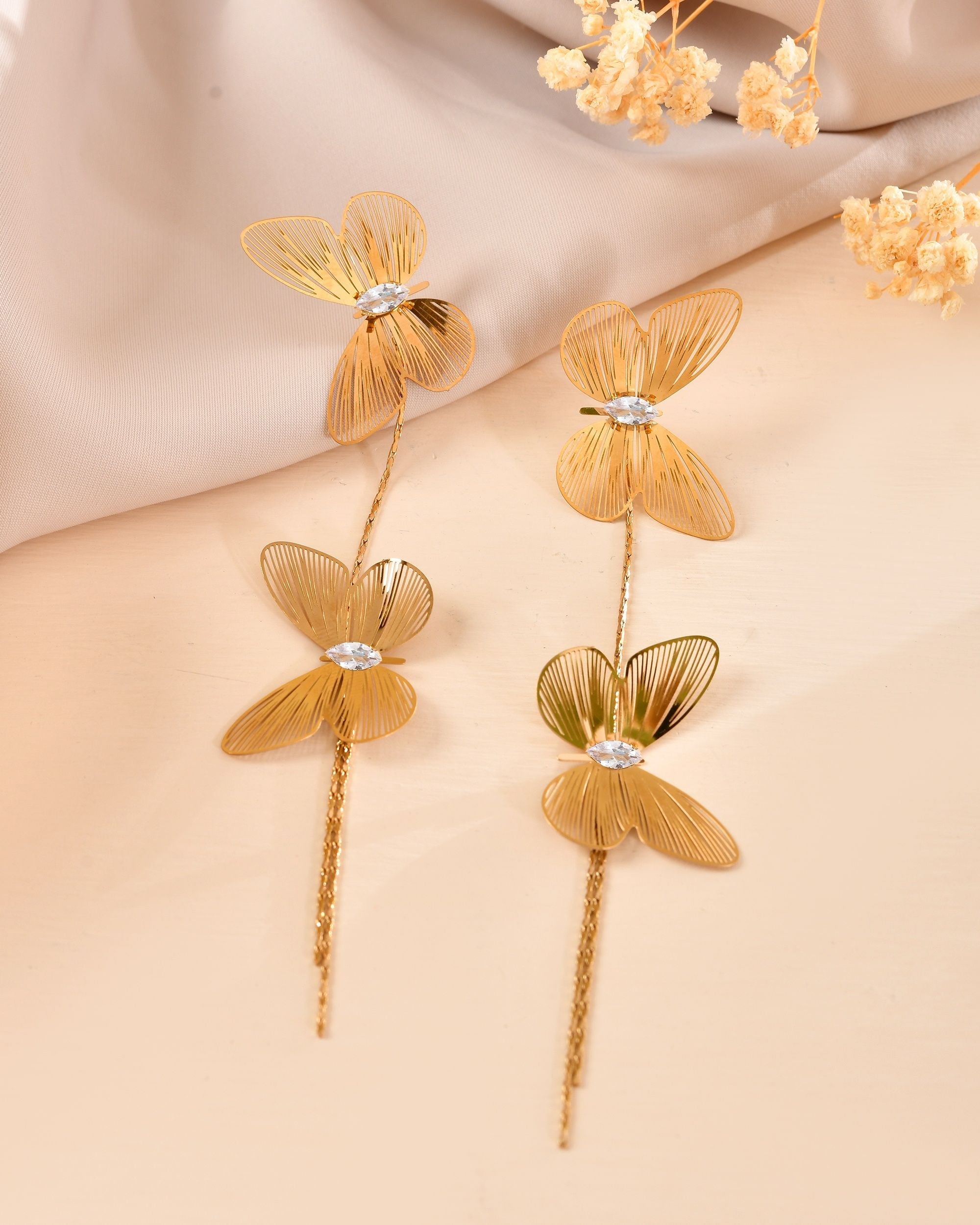 VOJ Gold Toned Butterfly Design With Tassel Studs Earrings | Grocsy