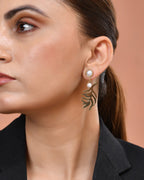 VOJ Gold Plated Leaf Designed Earrings With Pearl | Grocsy
