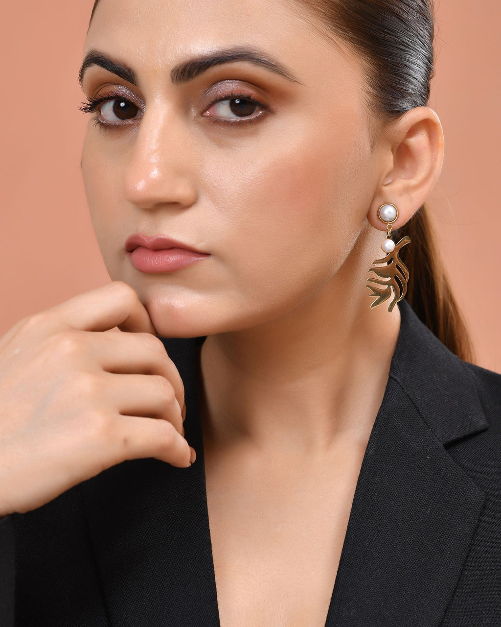VOJ Gold Plated Leaf Designed Earrings With Pearl | Grocsy