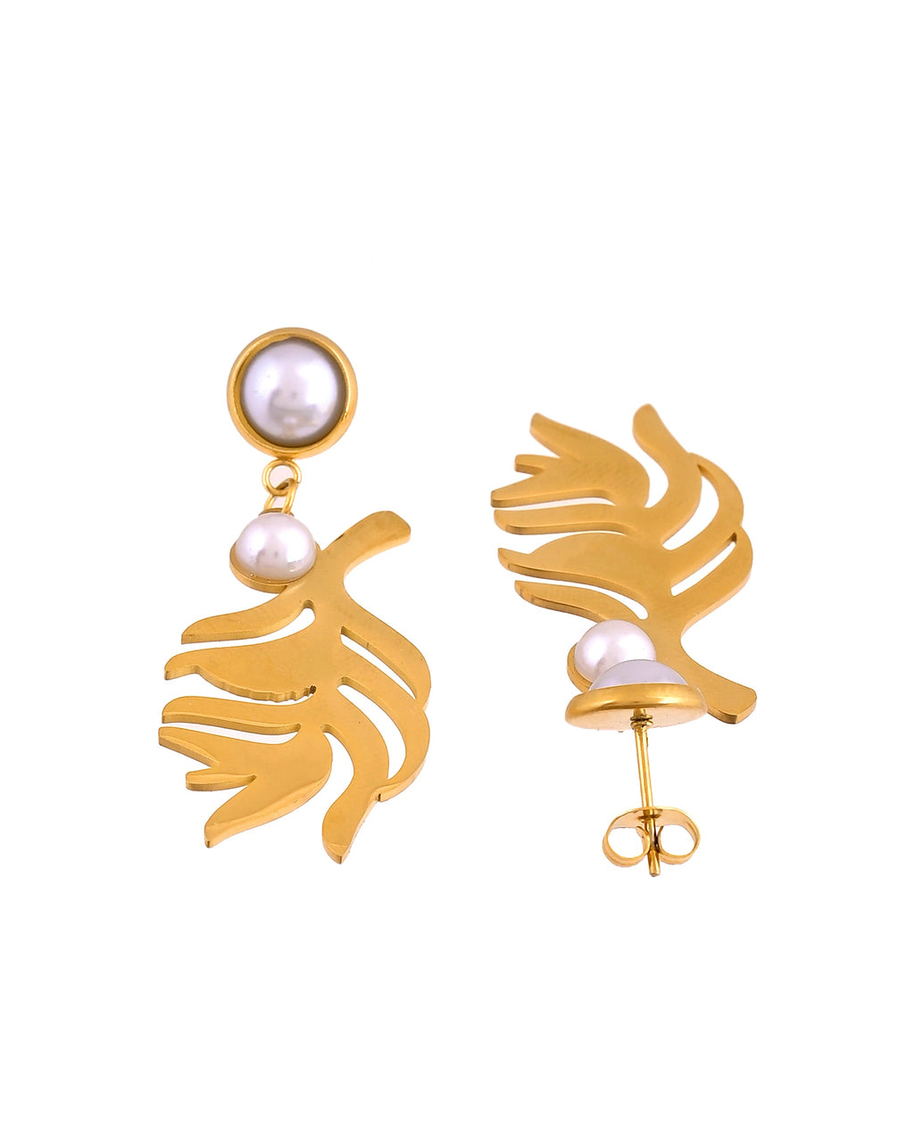 VOJ Gold Plated Leaf Designed Earrings With Pearl | Grocsy