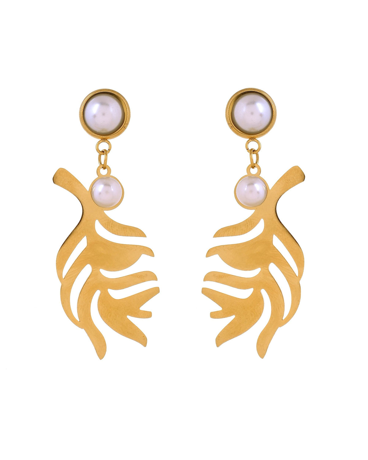 VOJ Gold Plated Leaf Designed Earrings With Pearl | Grocsy